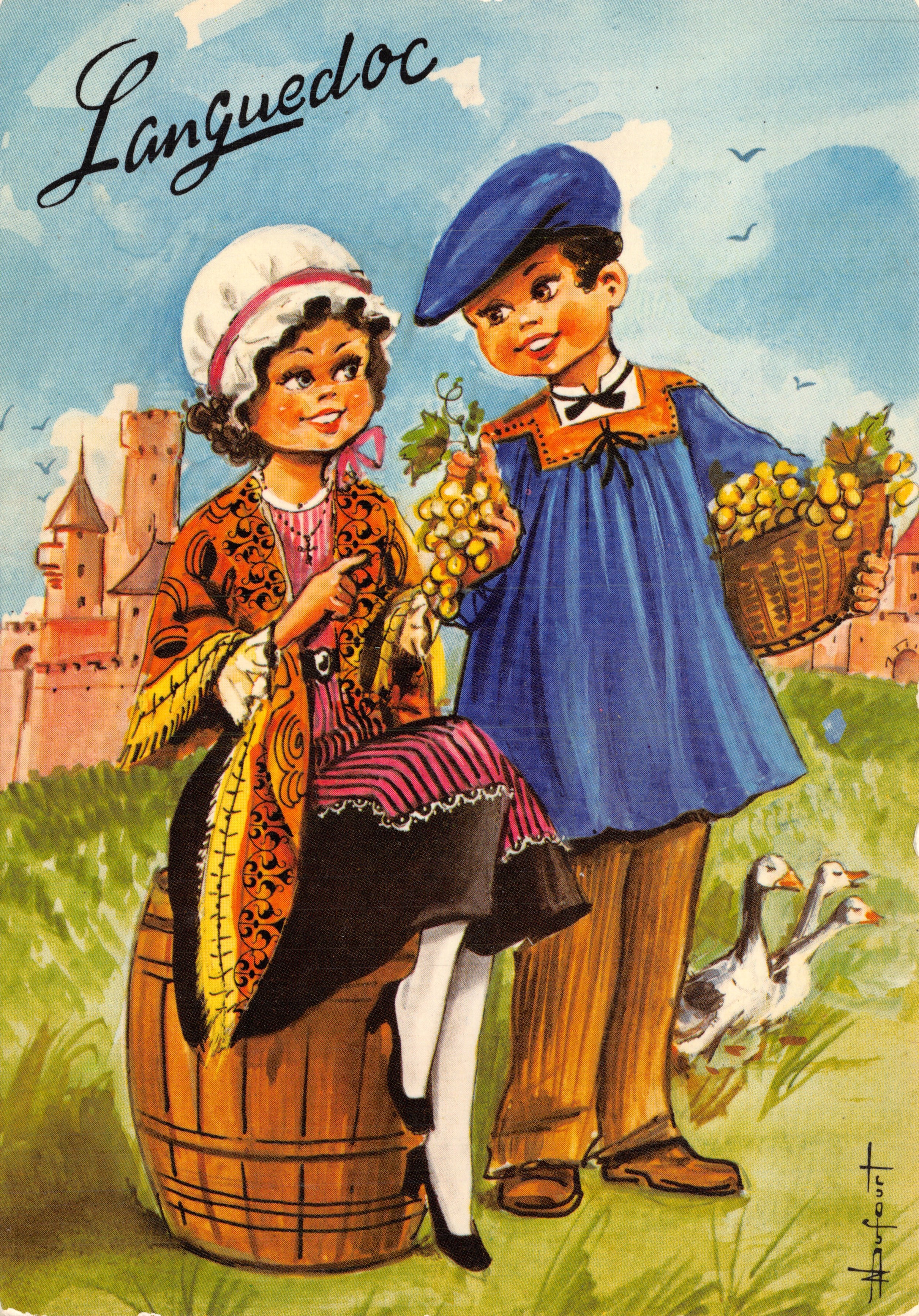 Enfants cueillant du raisin — scène champêtre avec château et canards — éditeur Editions LYNA - PARIS, n° 177/15