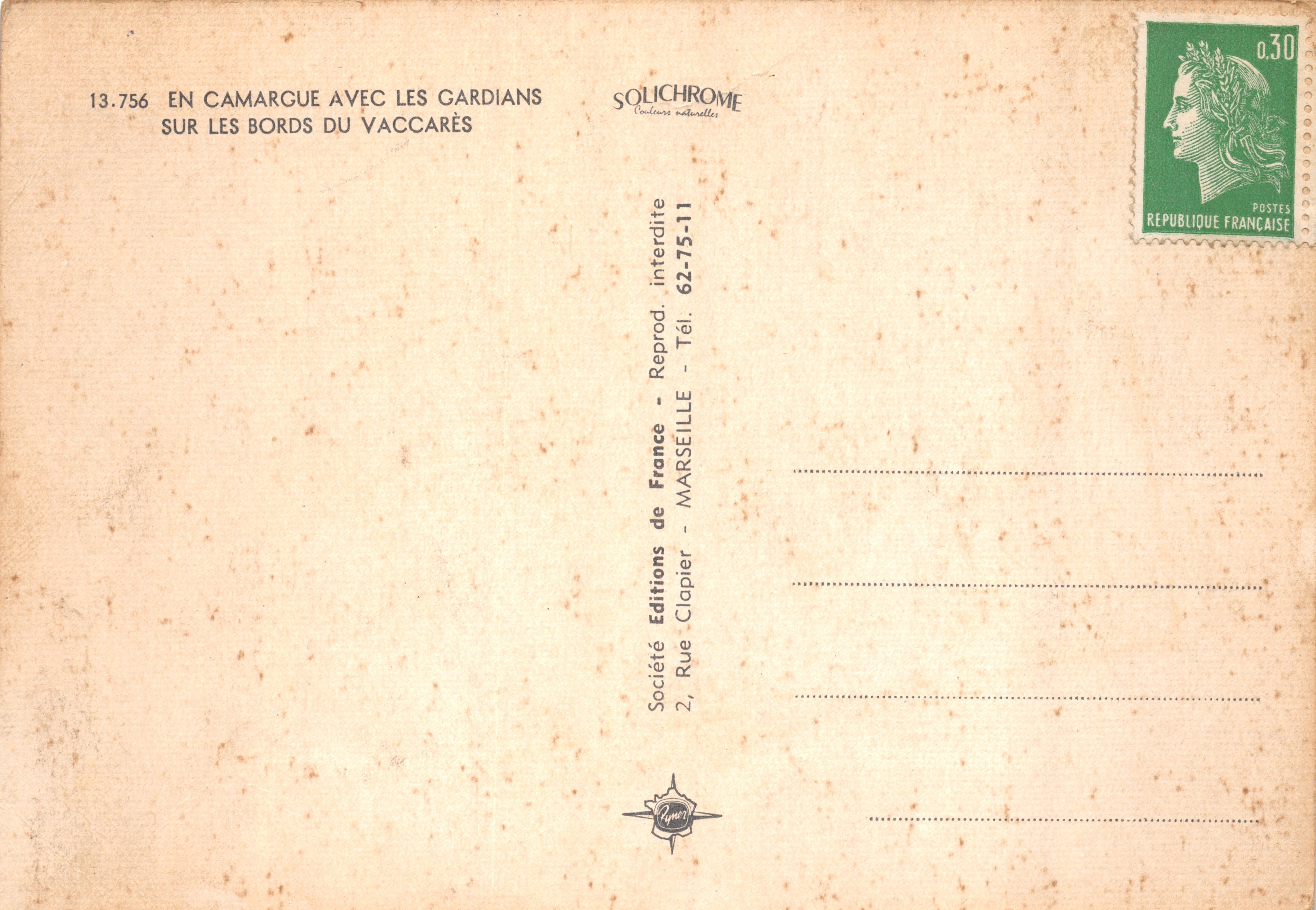 Camargue con los Gardians — junto a las orillas del Vaccarès — Société Solichrome — Reverso