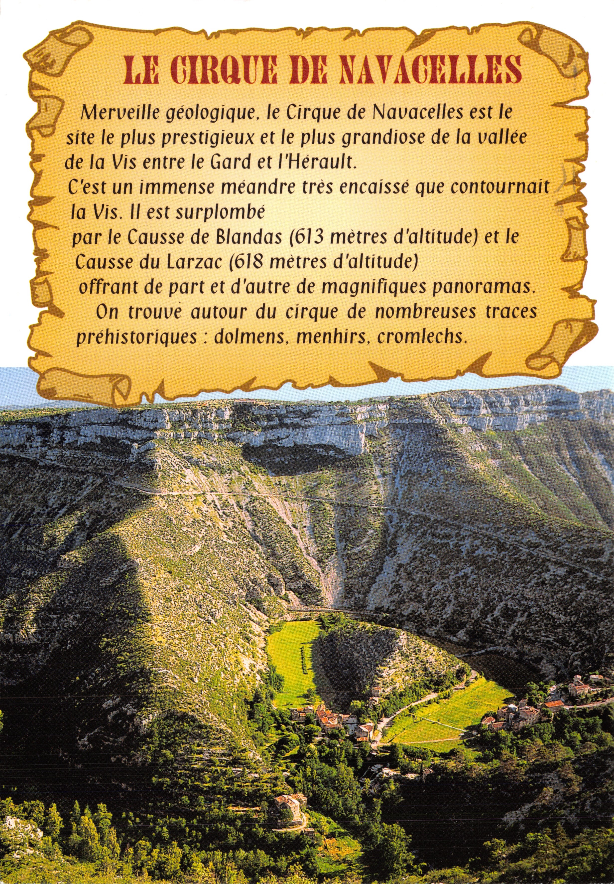 Le Cirque de Navacelles — vue panoramique avec texte descriptif — Éditions Méridionales