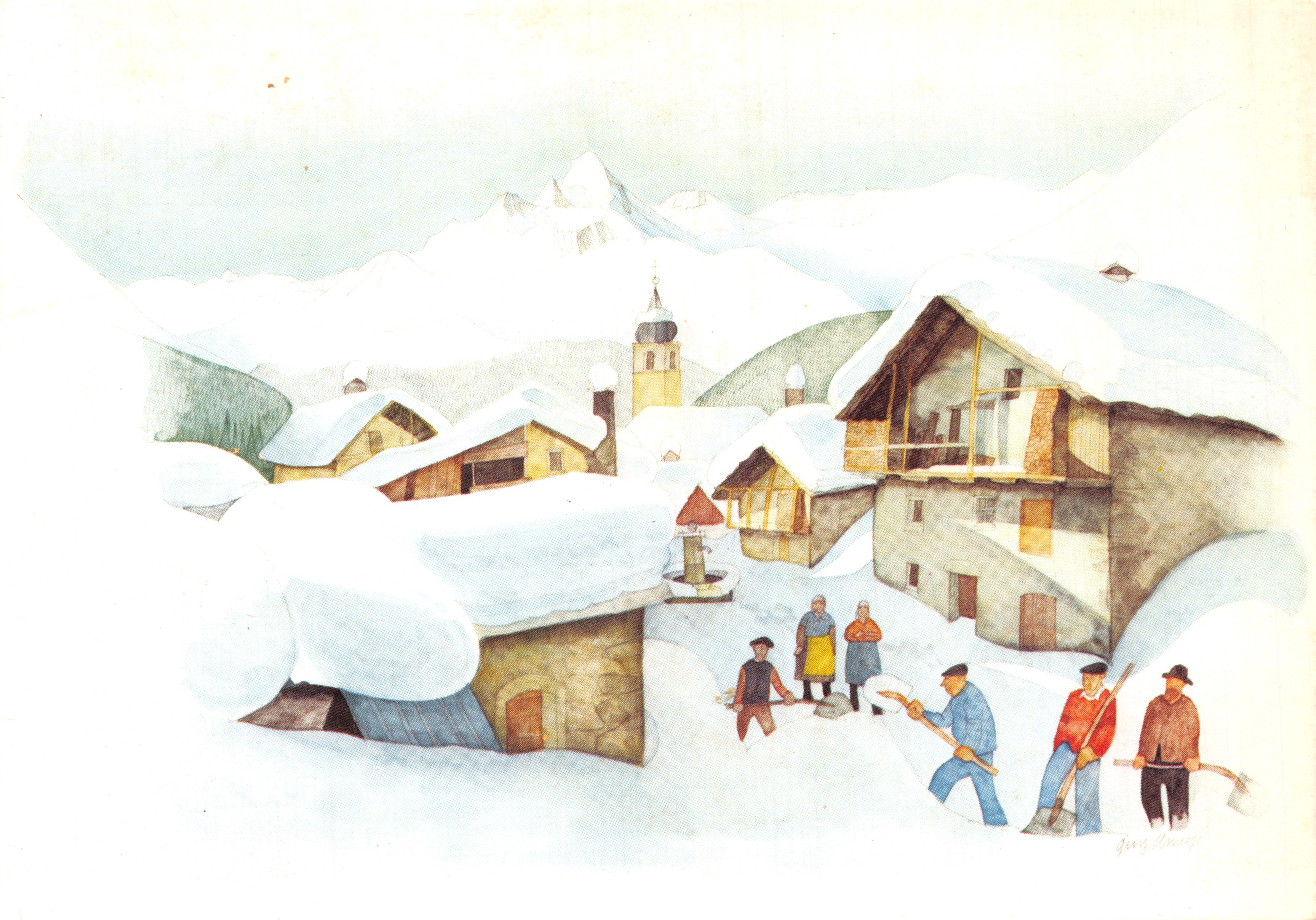 Snowy Village — Alpine village scene with church and residents clearing snow — drawing by Gang Bourge