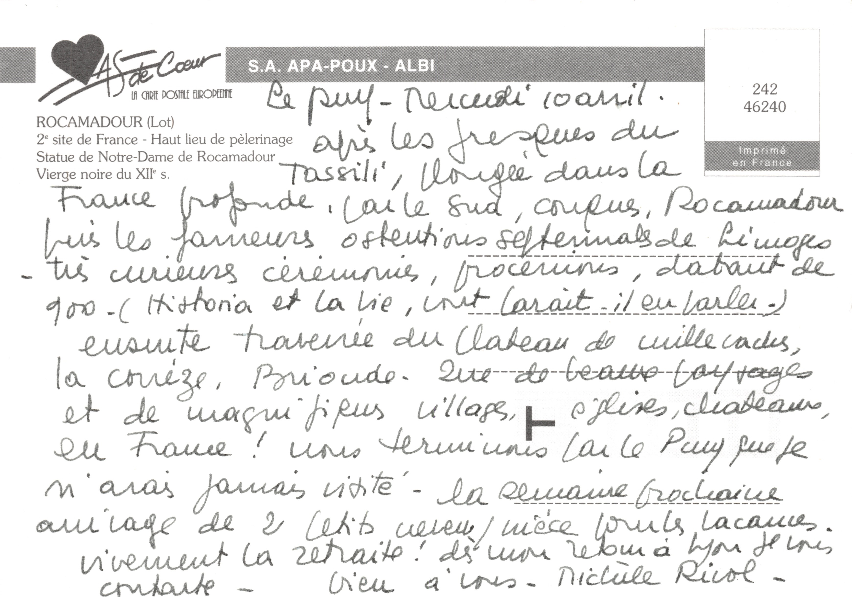 Statue de Notre-Dame de Rocamadour — Vierge noire du XIIe s. — Imprimée sur la carte par S.A. APA-POUX - ALBI — Verso