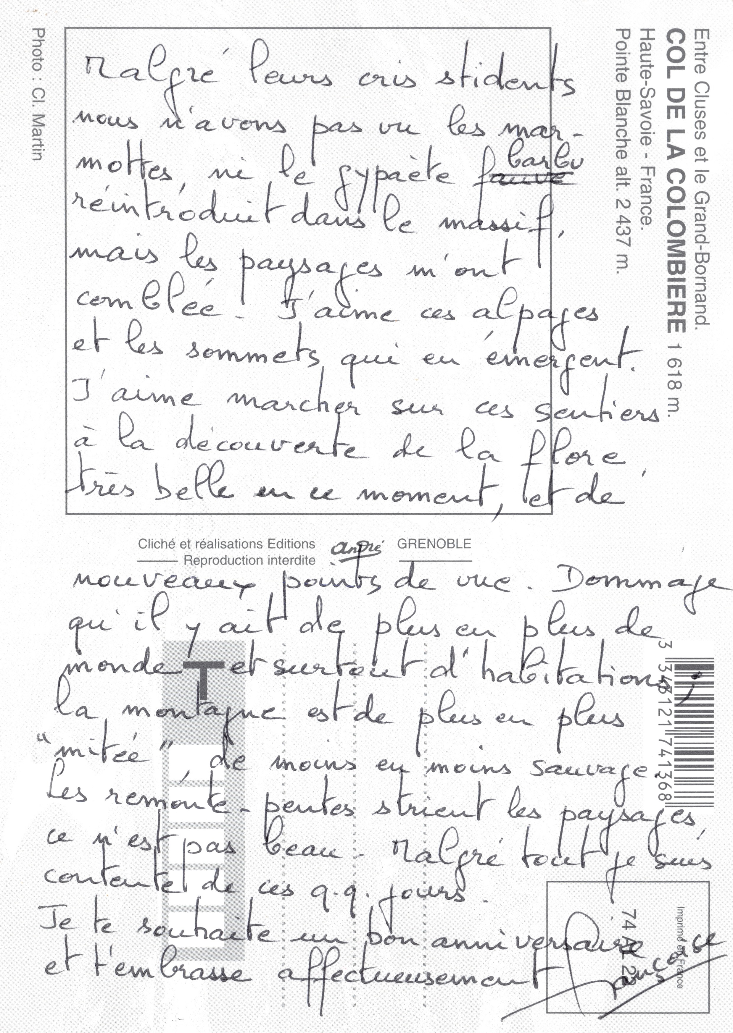 Col de la Colombière — vista panoramica e animali alpini — Editions Cliché et réalisations Grenoble — Verso
