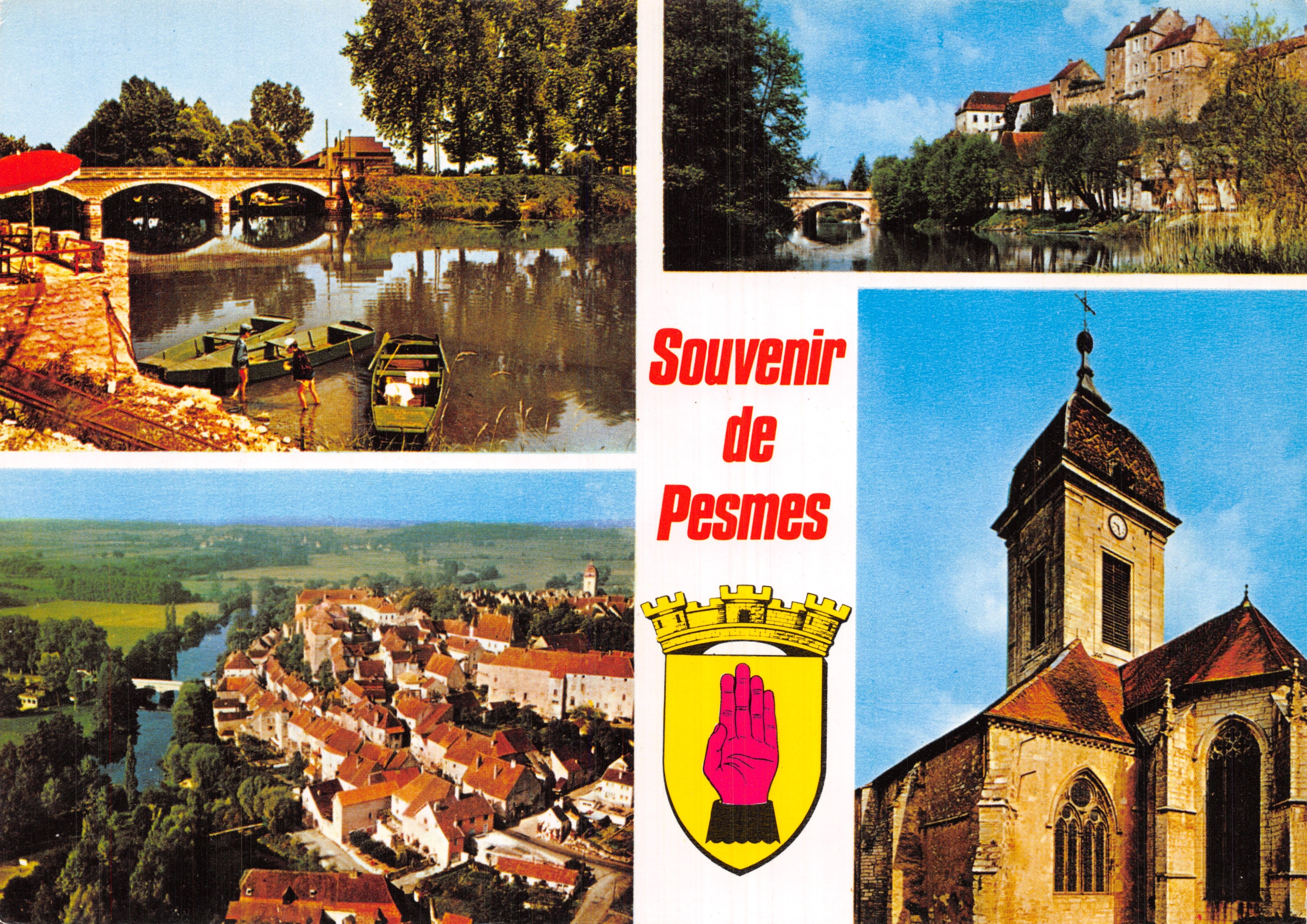 PESMES — vista del puente, del río, del pueblo y de la iglesia — Souvenir de Pesmes, editor Cim