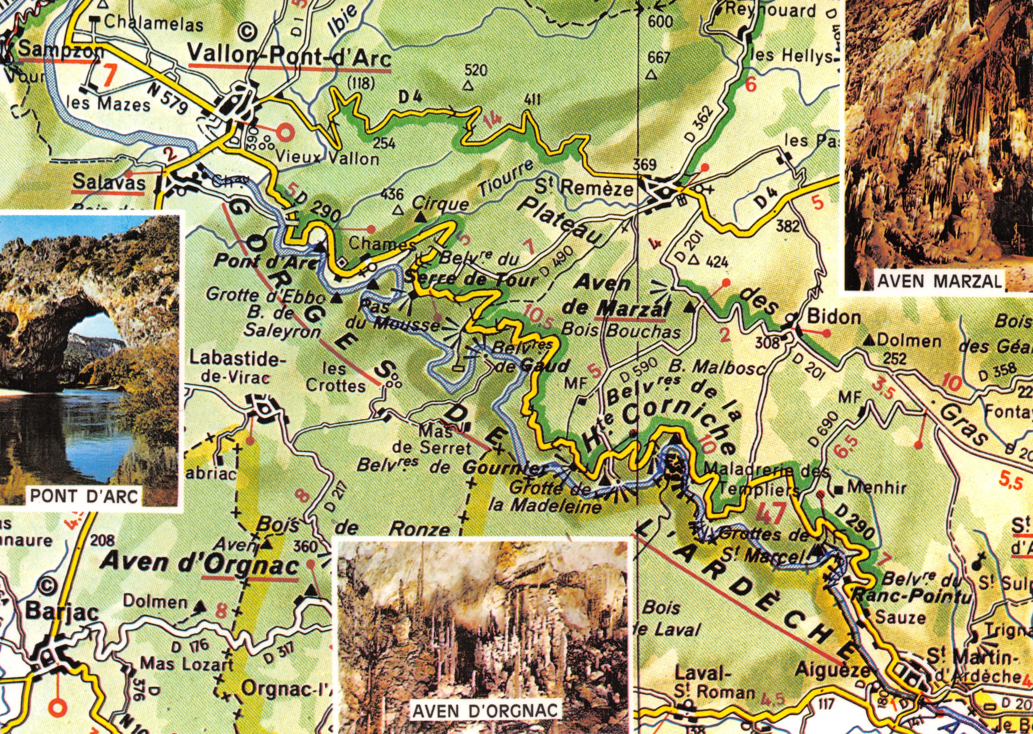 Gorges der Ardèche — topografische Karte mit Fotos von Alleen und Höhlen