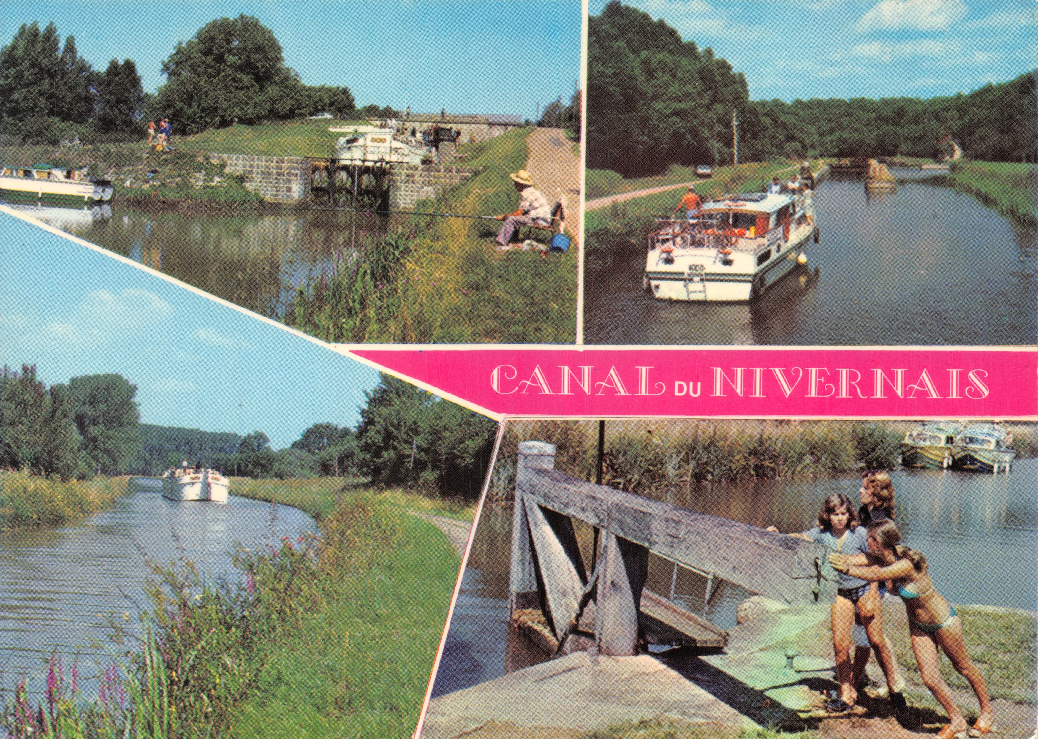 Canal du Nivernais — vue panoramique avec écluses, bateaux et baigneurs — Éditions Nivernaises