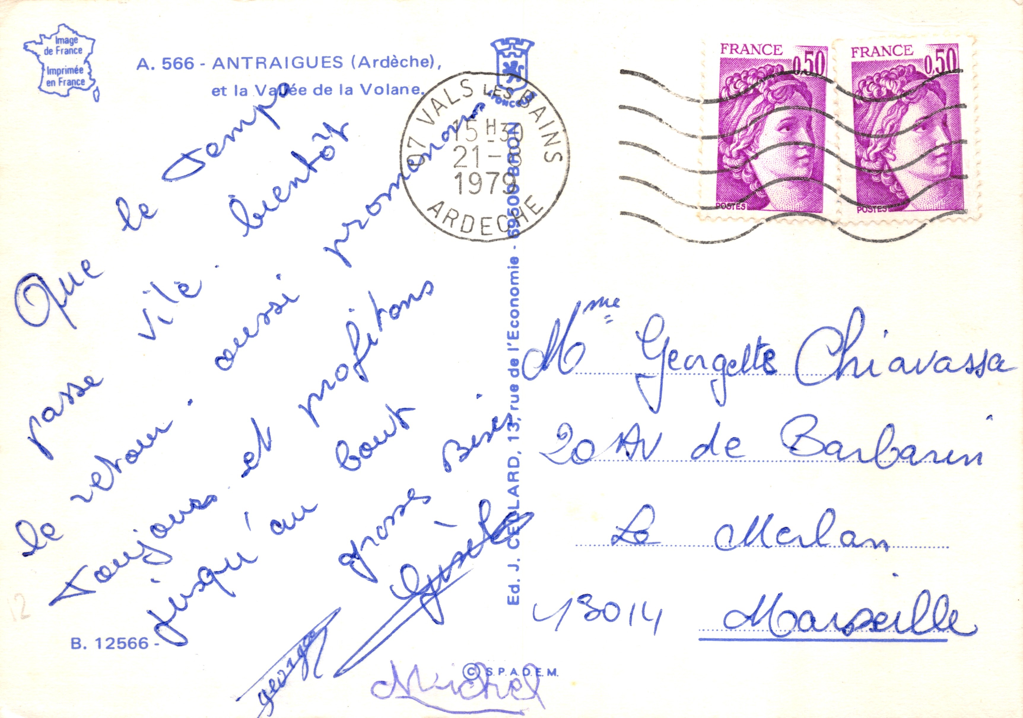 La Volane en Antraigues — vista del pueblo y del cañón, editor Ed. J. Céleard, n.º A.566 — Reverso