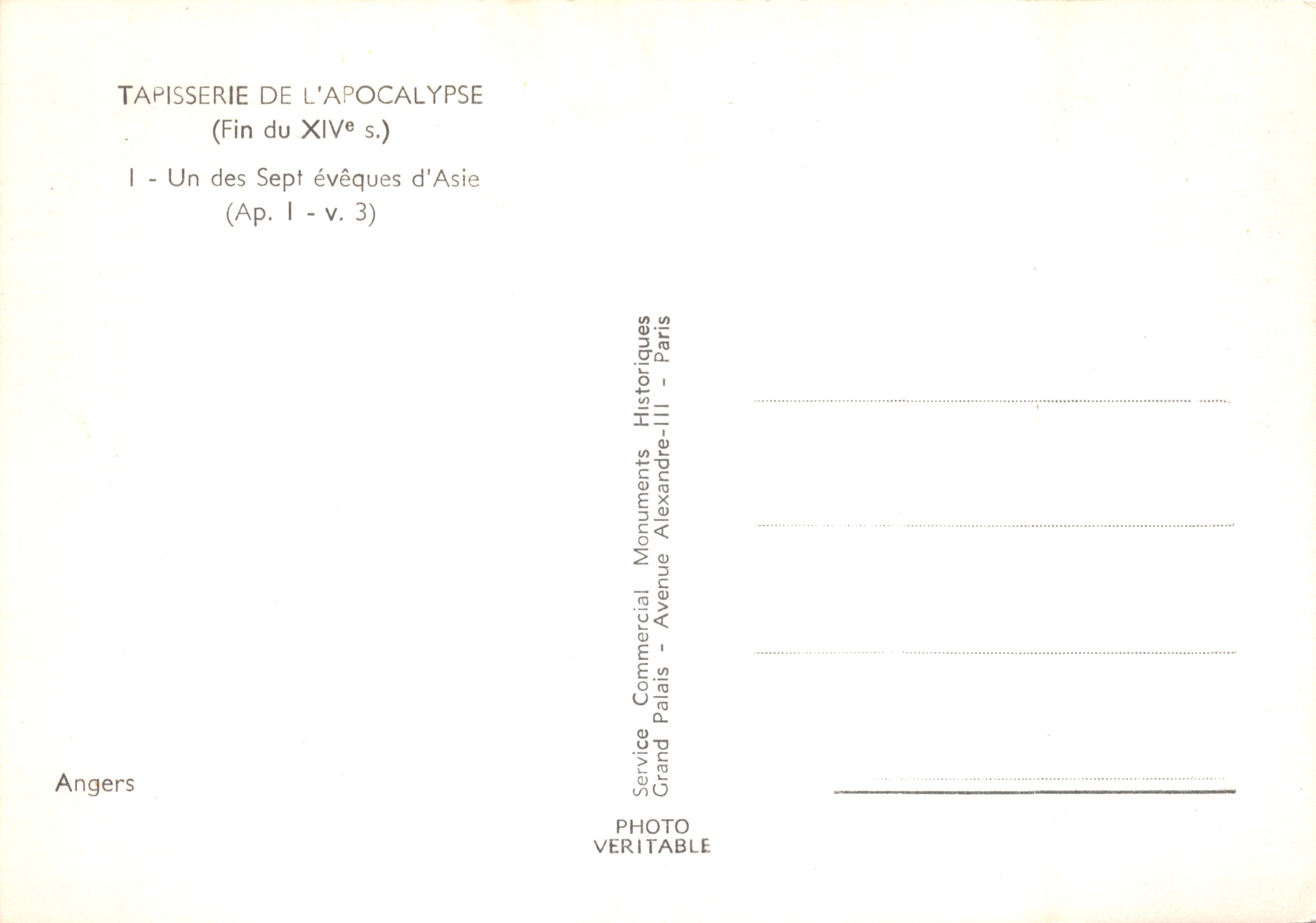 Tapisserie de l'Apocalypse — Un des Sept évêques d'Asie — éditeur Service Commercial Grand Palais, Paris — Verso