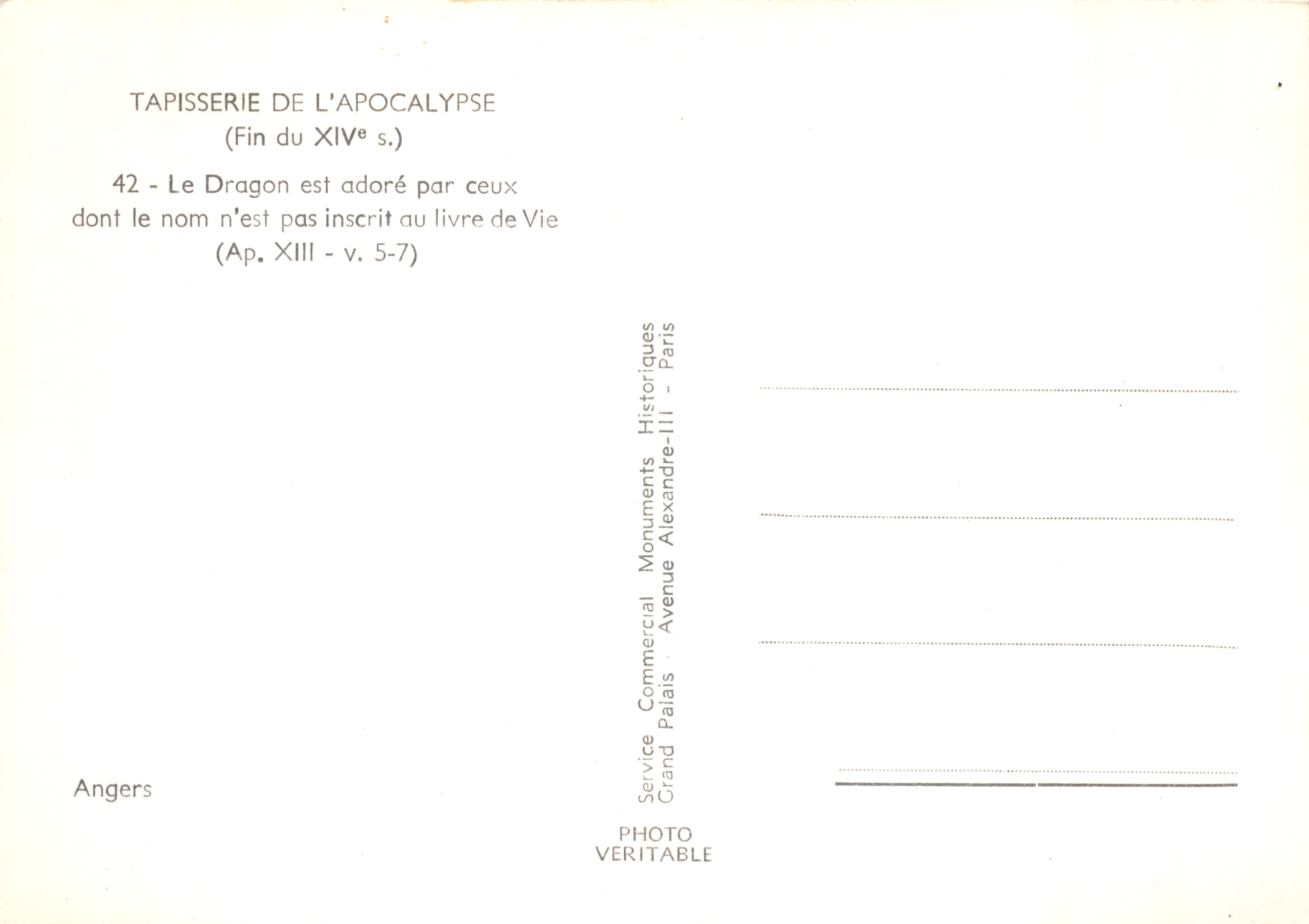 Tapisserie de l'Apocalypse — scène du dragon adoré — Service Commercial Monuments Historiques, Paris — Back