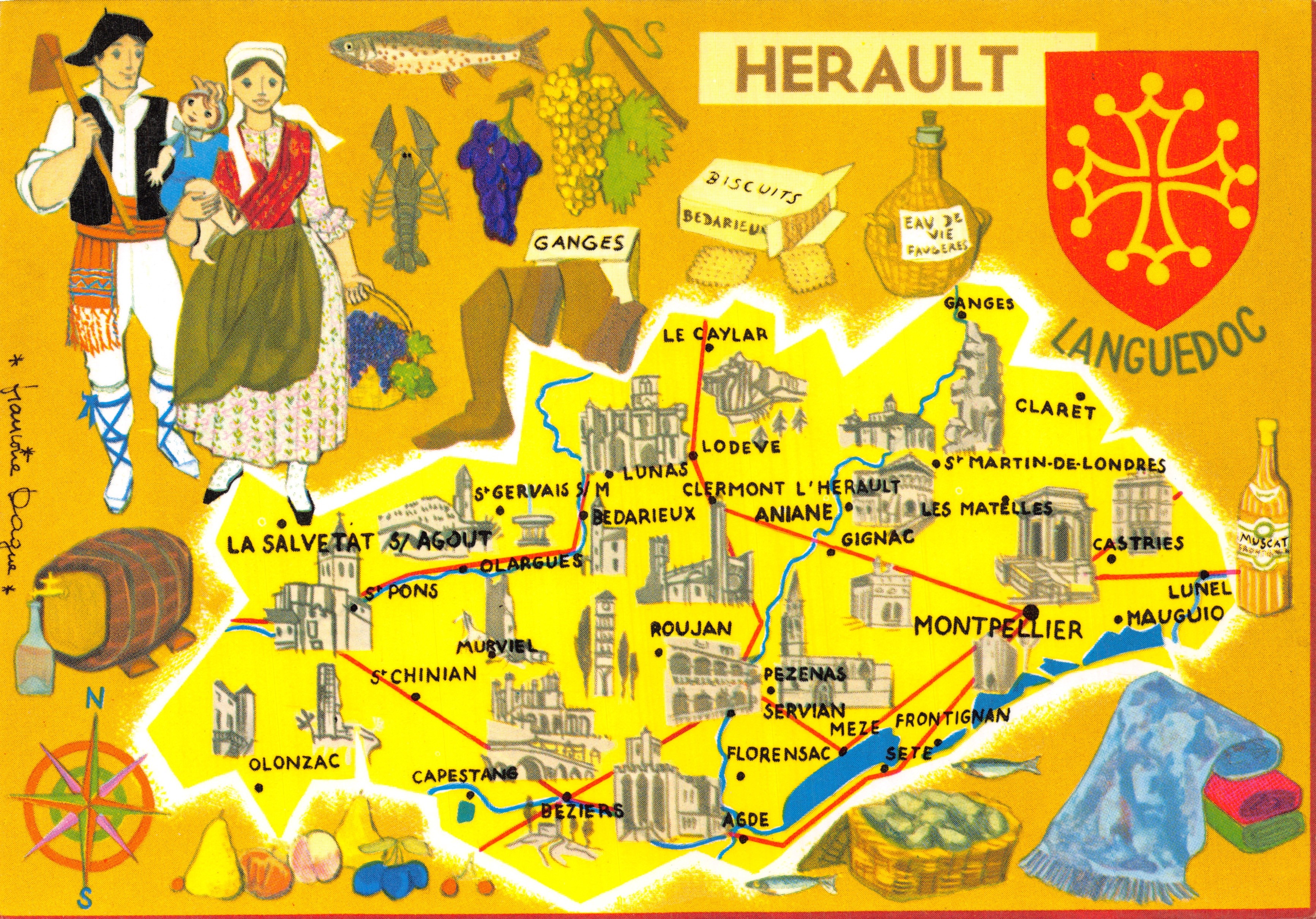Hérault — Carte touristique illustrée avec personnages et produits régionaux — Éditeur : LES DEPARTEMENTS FRANÇAIS VUS PAR CAP-THEOJAC