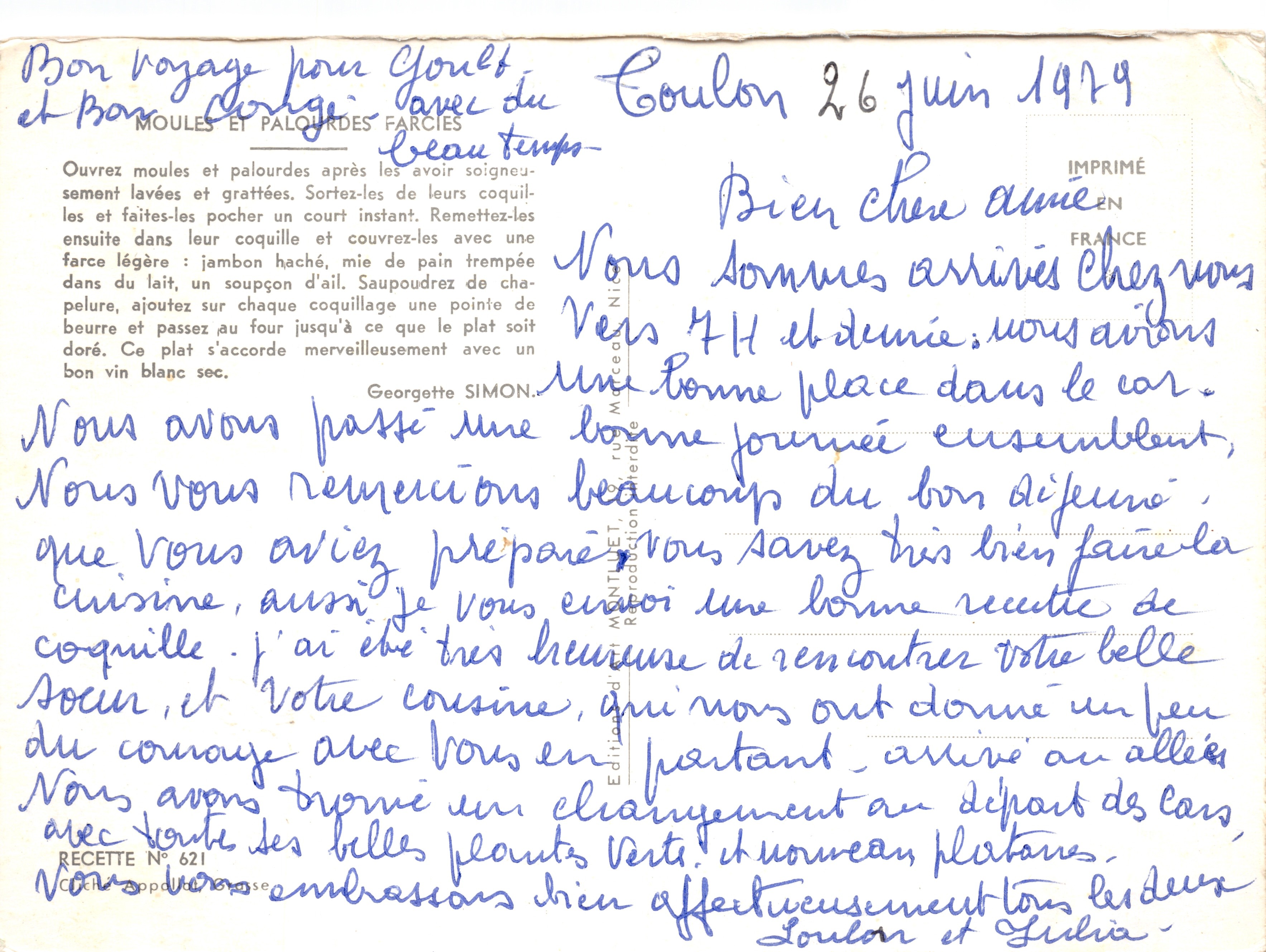Maoules e Palourdes farcite — piatto di frutti di mare — editore MICEAUX, Riproduzione della Ricetta N° 621 — Verso