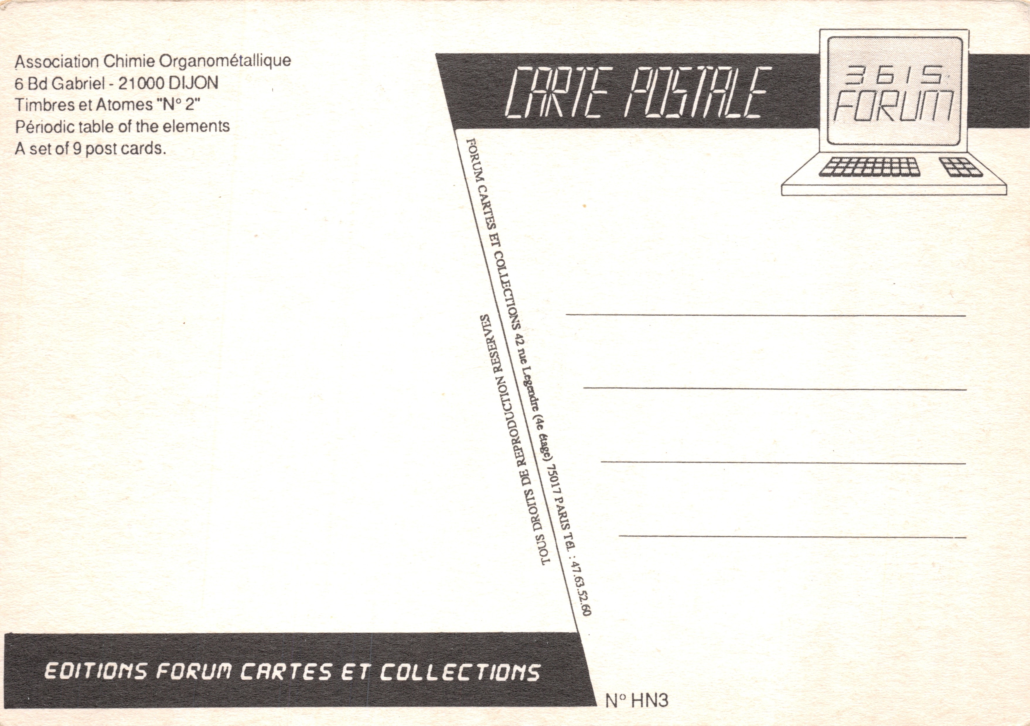 Tavola periodica degli elementi — Collezione di 9 francobolli — Editore ÉDITIONS FORUM CARTES ET COLLECTIONS — Verso