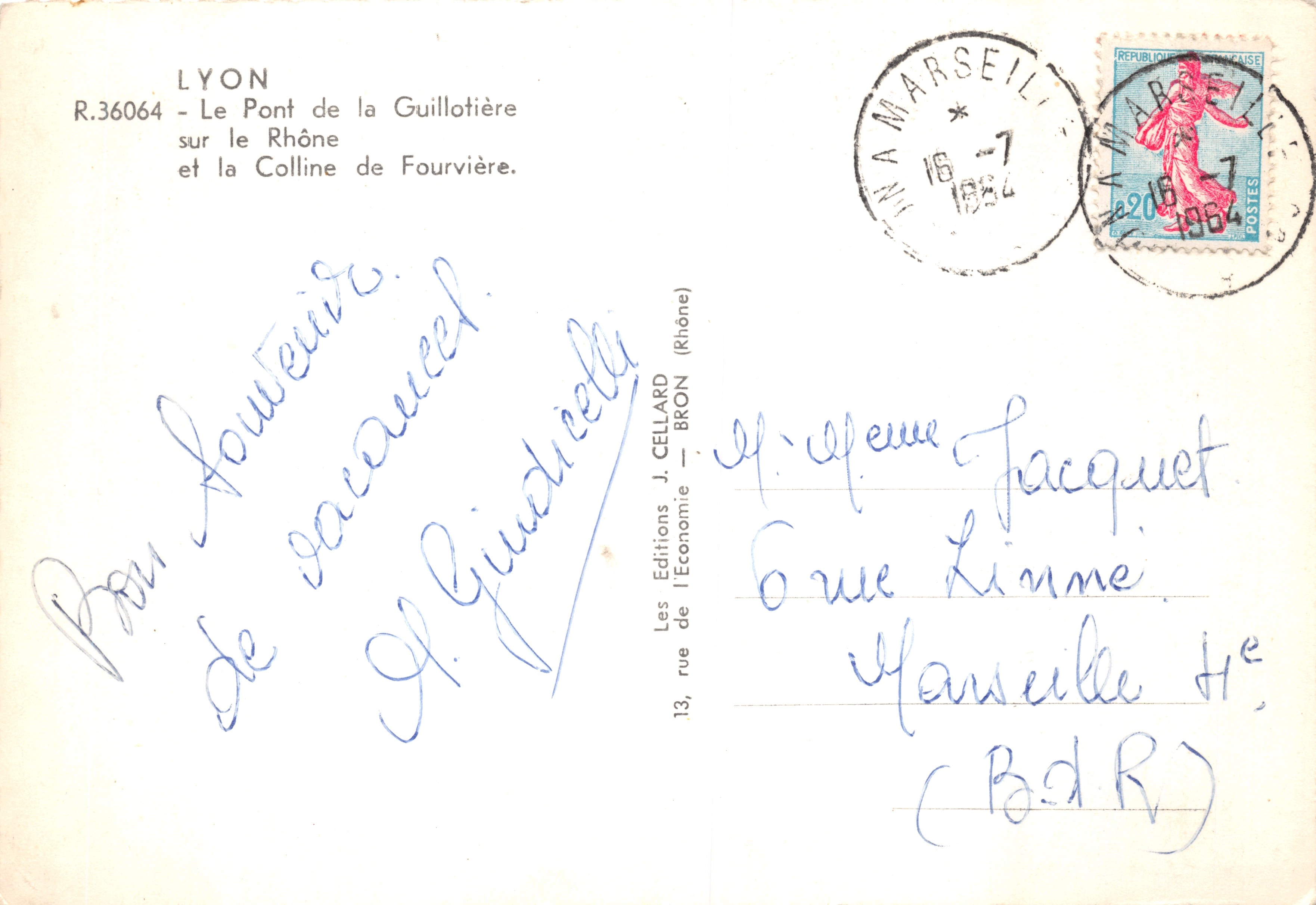 Lyon - Die Guillotière-Brücke über den Rhône und der Fourvière-Hügel — Editions J. Cellard, Nr. R.36064 — Rückseite