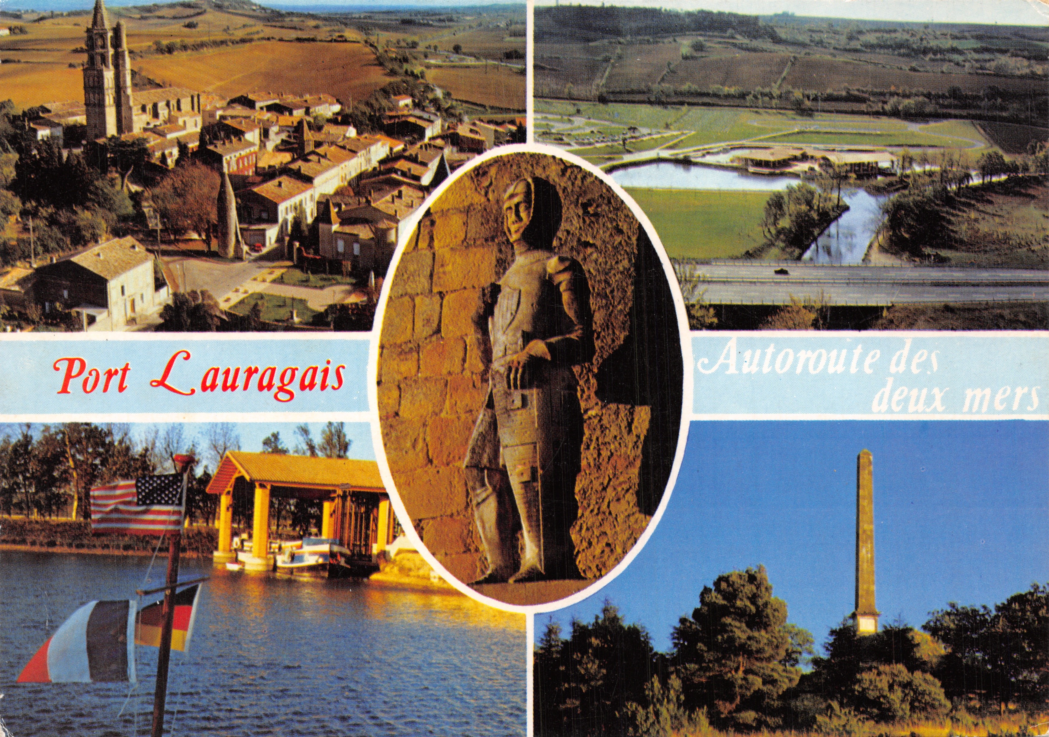 Port Lauragais — vue panoramique avec édifice religieux, statue de chevalier, autoroute des deux mers et obélisque — Éditions CAP-THÉOJAC