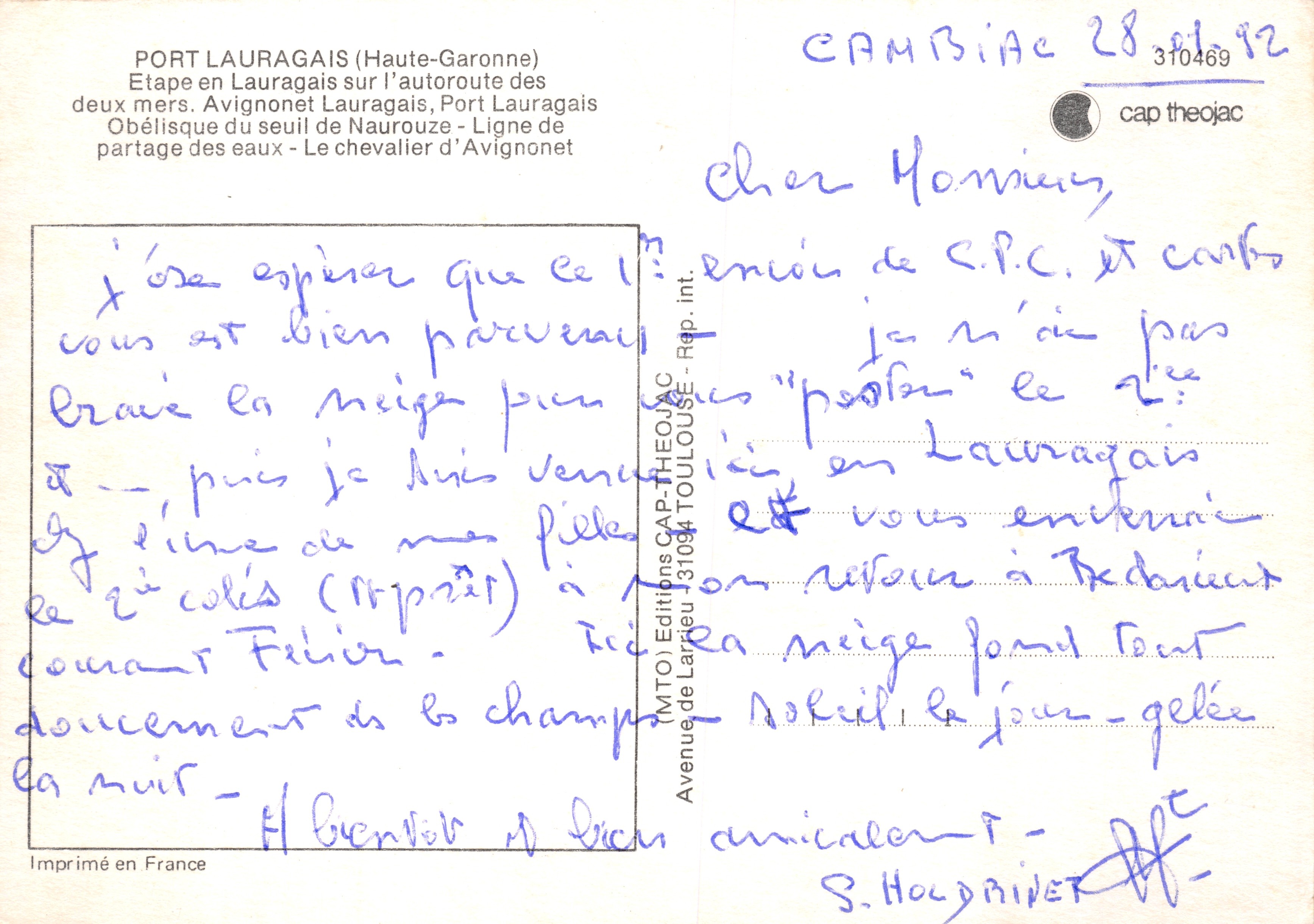 Port Lauragais — vue panoramique avec édifice religieux, statue de chevalier, autoroute des deux mers et obélisque — Éditions CAP-THÉOJAC — Achterkant