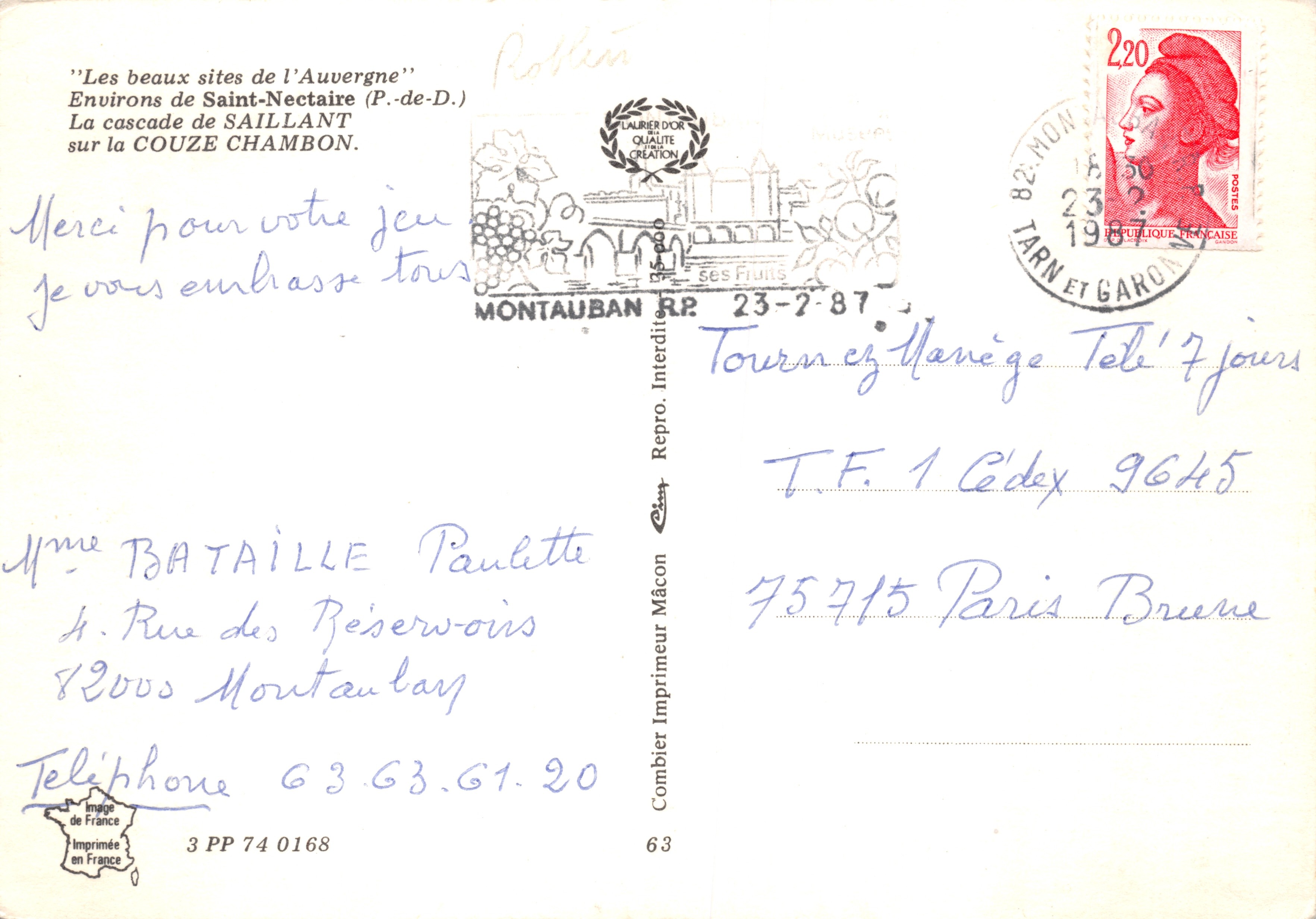 Cascade de Saillant — Environ de Saint-Nectaire (P.-de-D.) — Imprimeur Combier — Achterkant