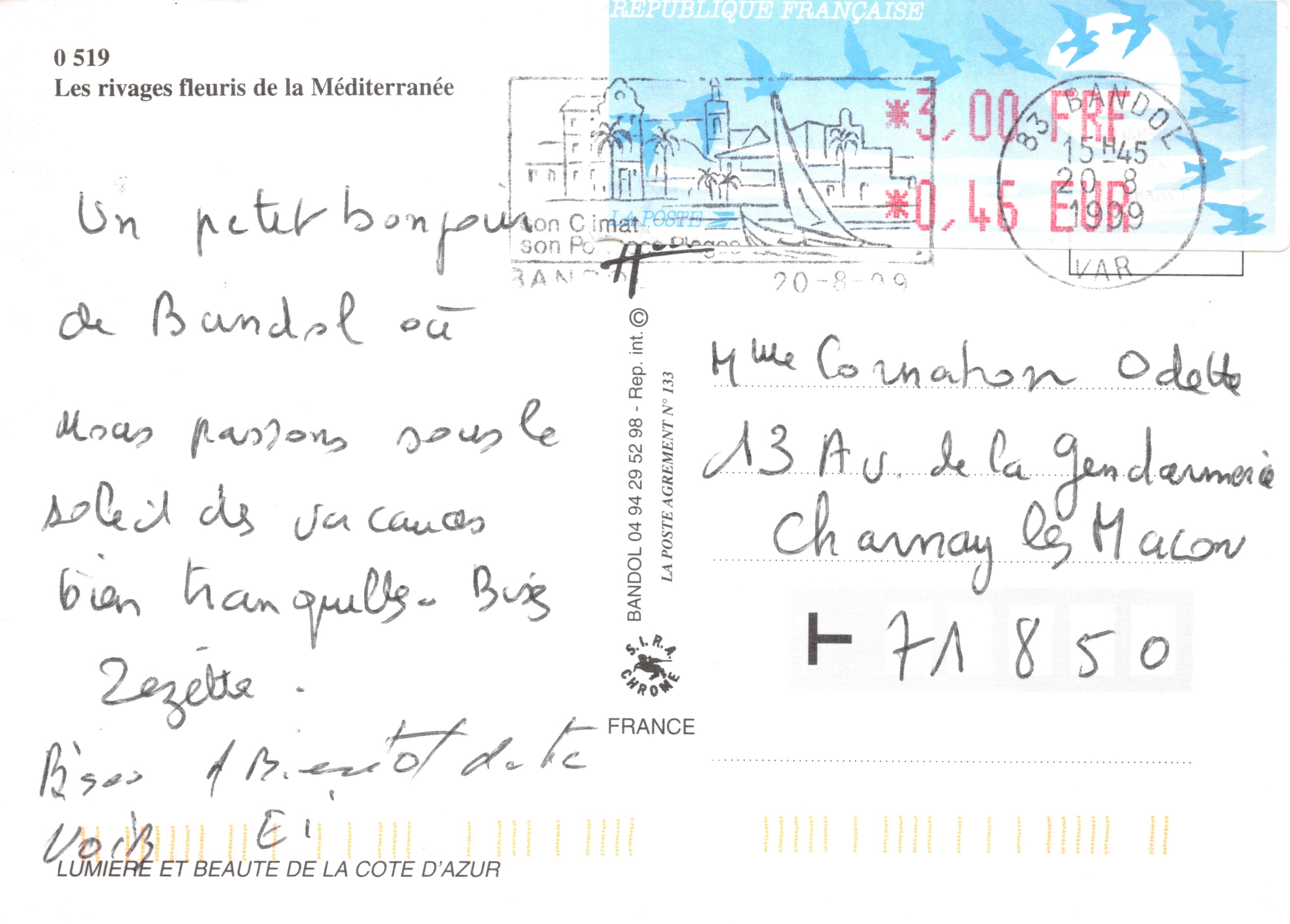 Côte d'Azur — uitzicht op zee en een heuvel — uitgever SLRA CHROME, nr. 0519 — Achterkant