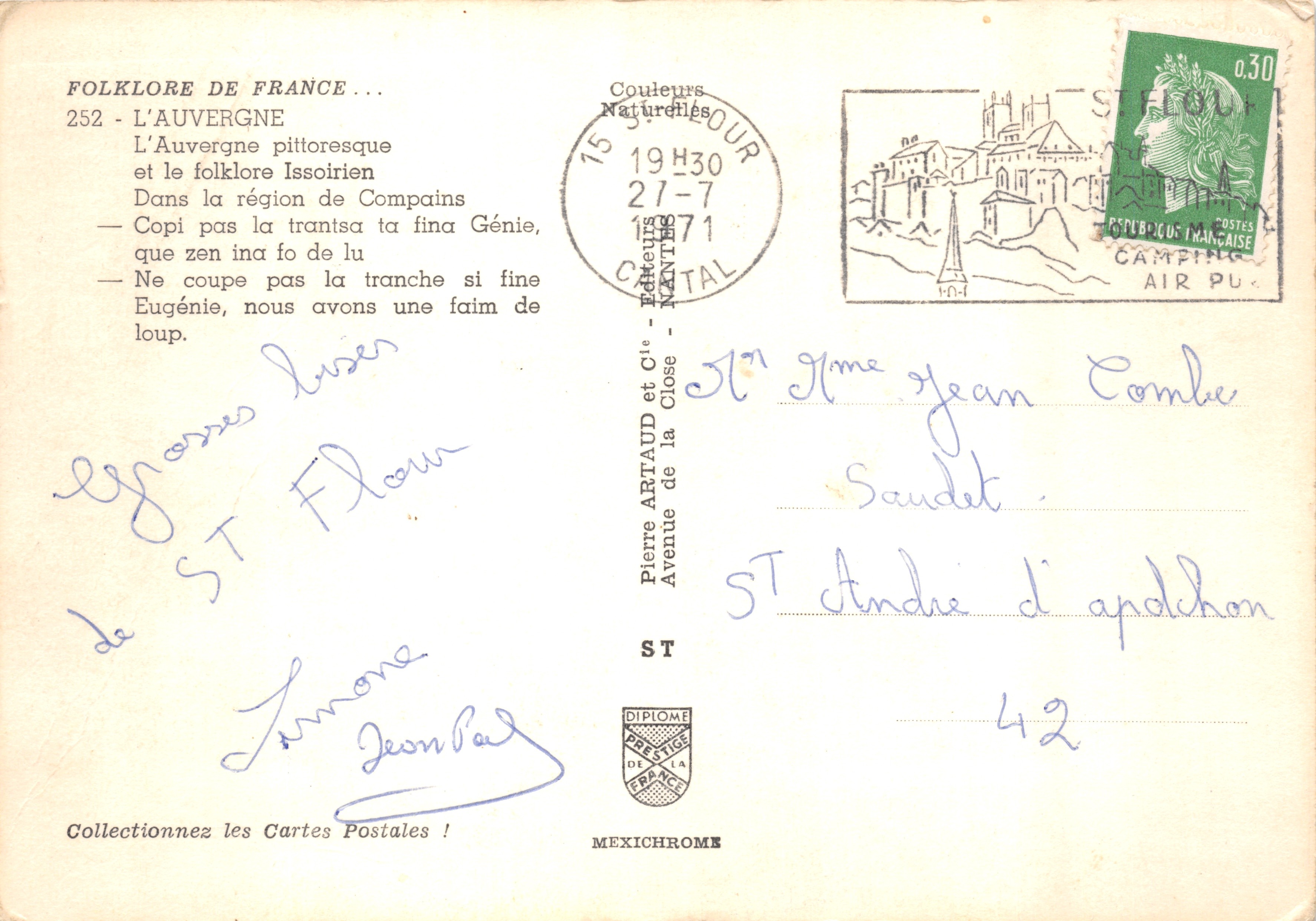 Folklore van Frankrijk — pittoreske Auvergne en de Issorische folklore — Uitgever Pierre Artaud — Achterkant