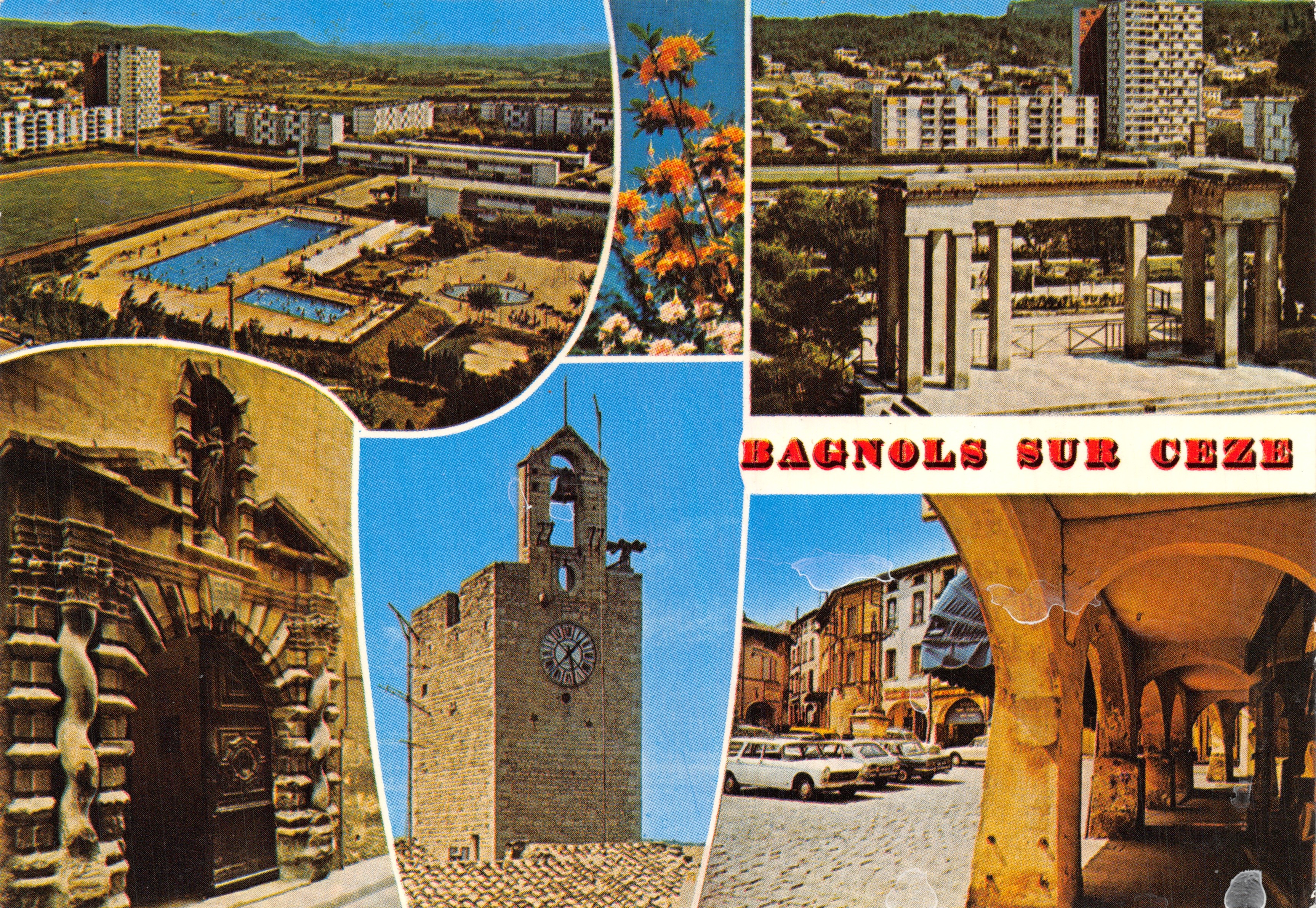Bagnols-sur-Cèze — vista panoramica con piscina, chiesa, campanile e arcate — Éditions Rotalcolor