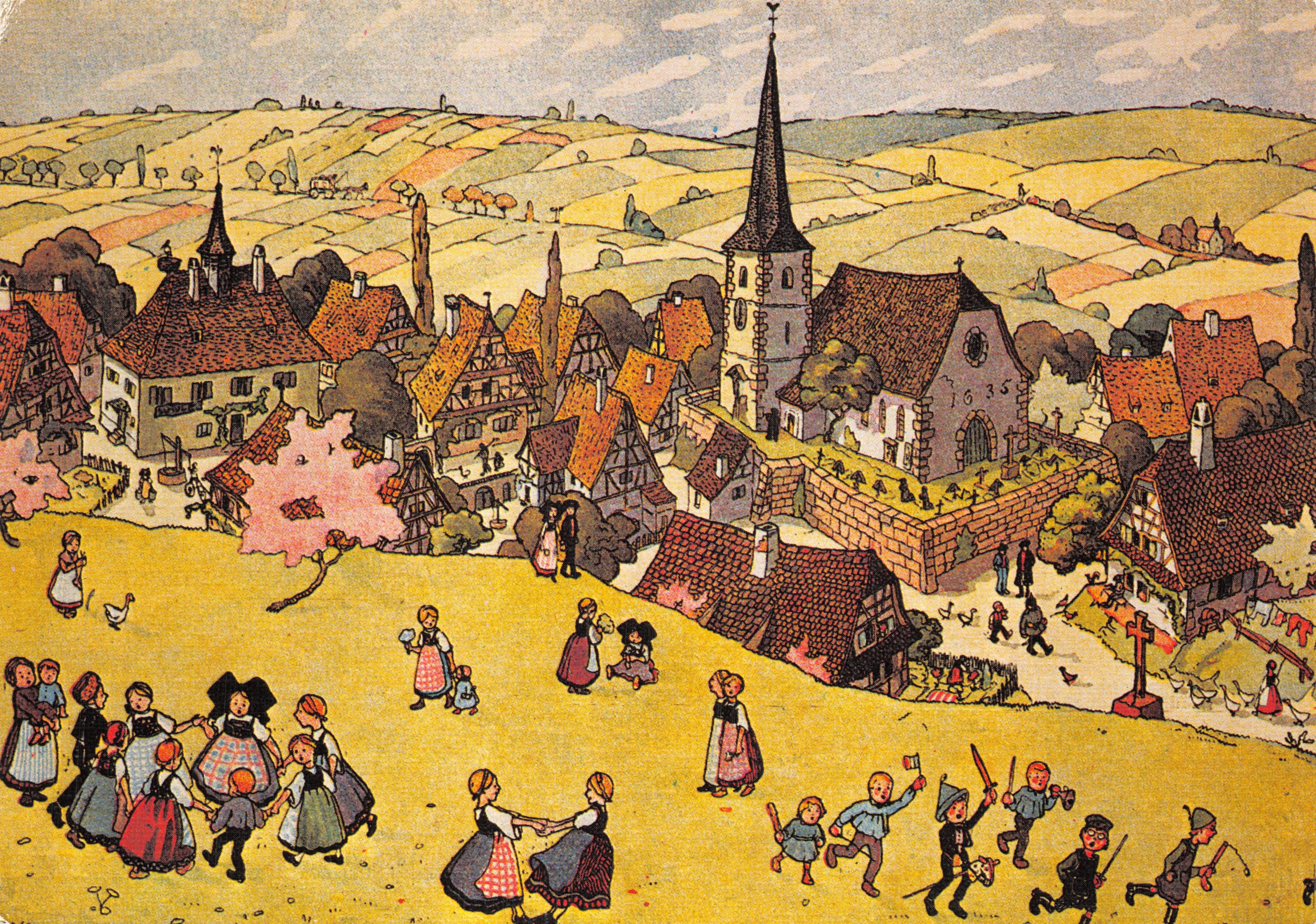 Village alsacien — scène de fête avec enfants en tenue traditionnelle — éditeur S.P.A.D.E.M.