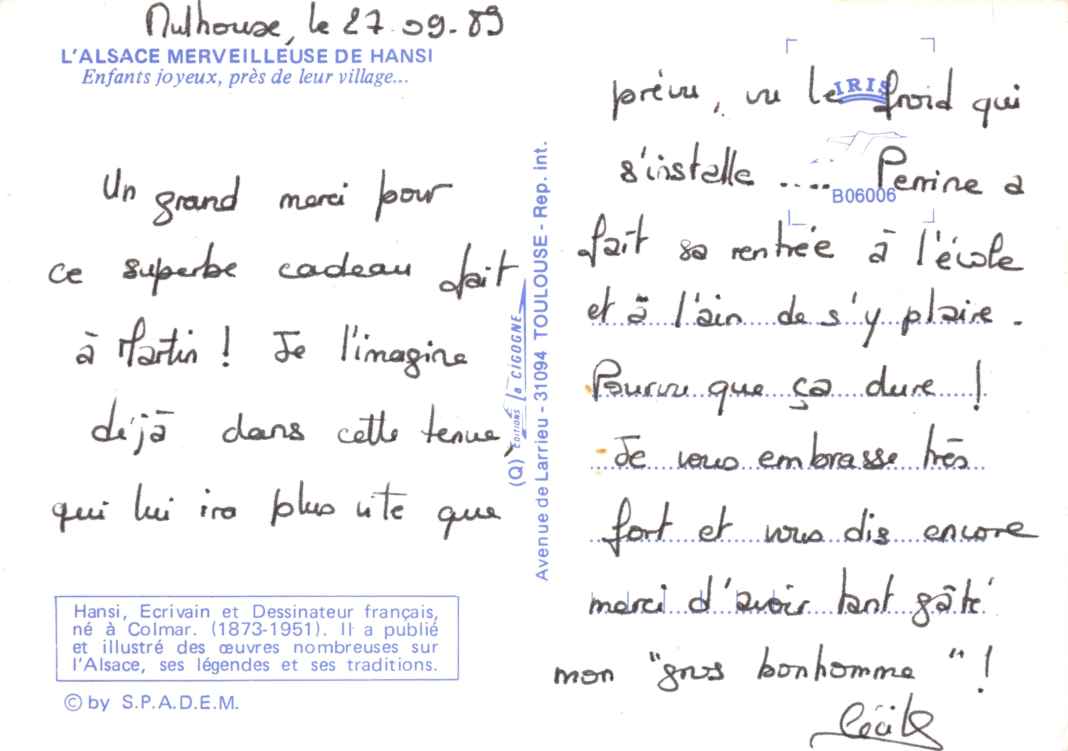 Village alsacien — scène de fête avec enfants en tenue traditionnelle — éditeur S.P.A.D.E.M. — Achterkant