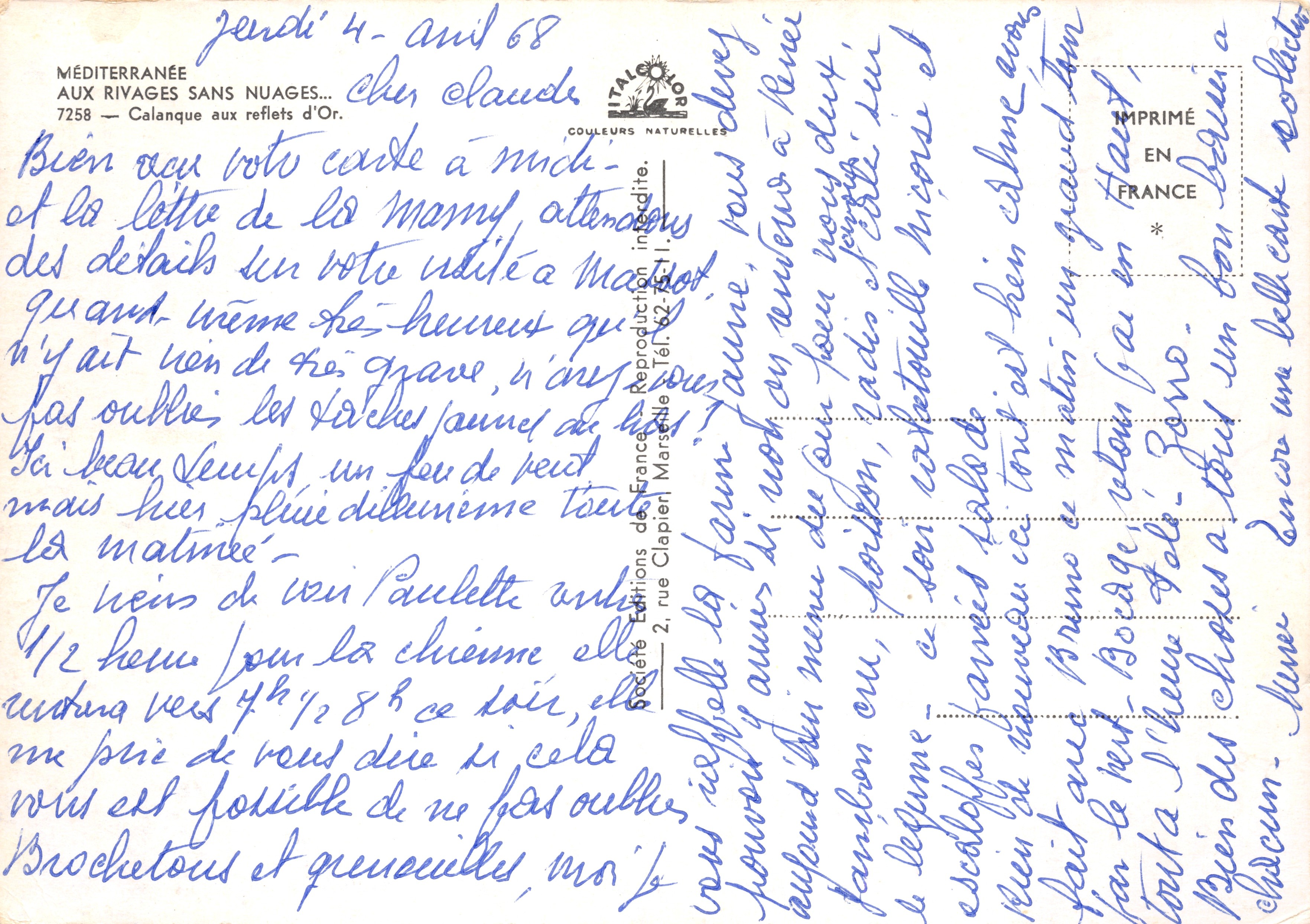 Calanque con riflessi dorati — vista dai pini — Editions de France, n° 7258 — Verso