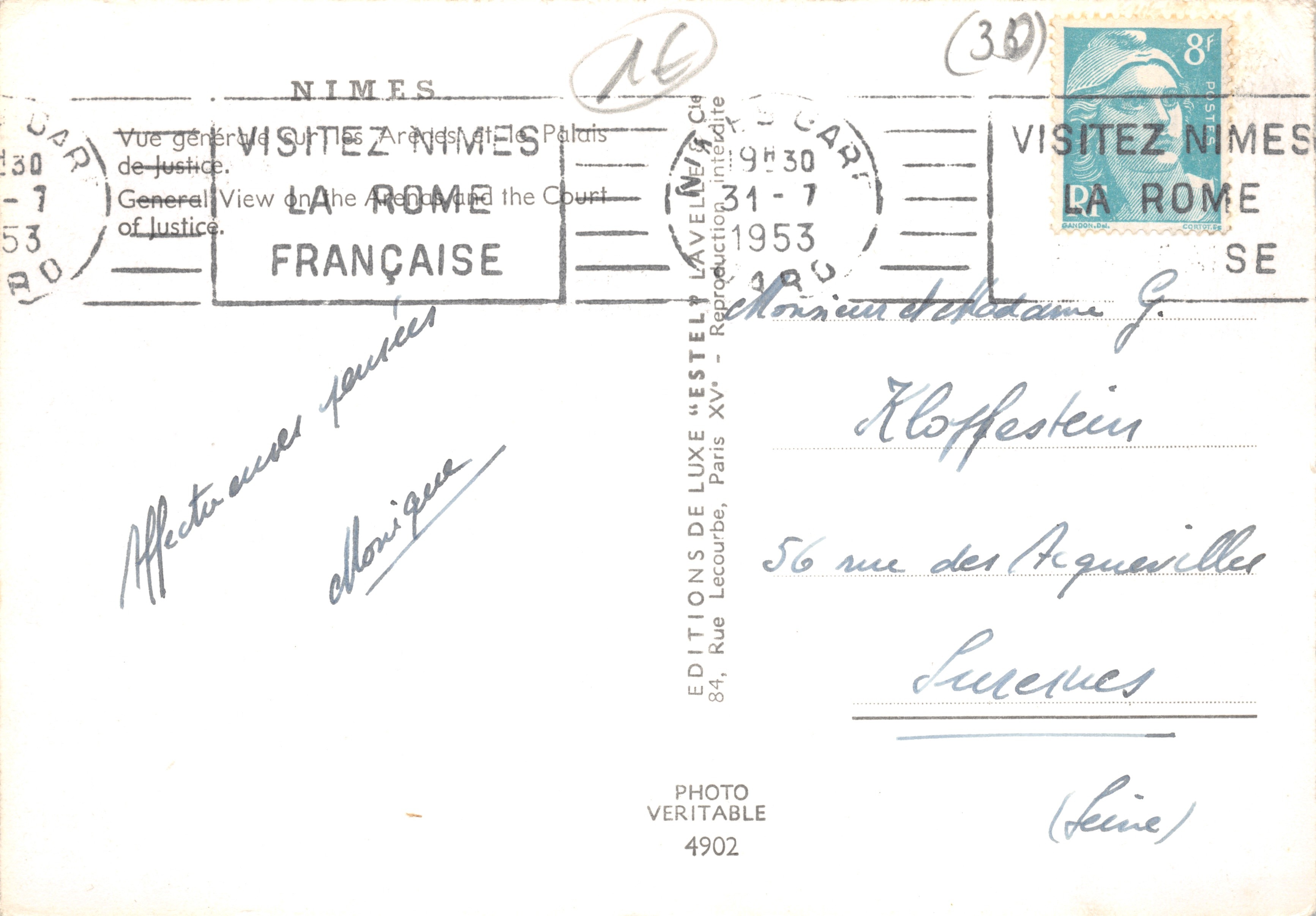 Nîmes — Vue générale sur les Arènes et le Palais de Justice — Estel — Verso