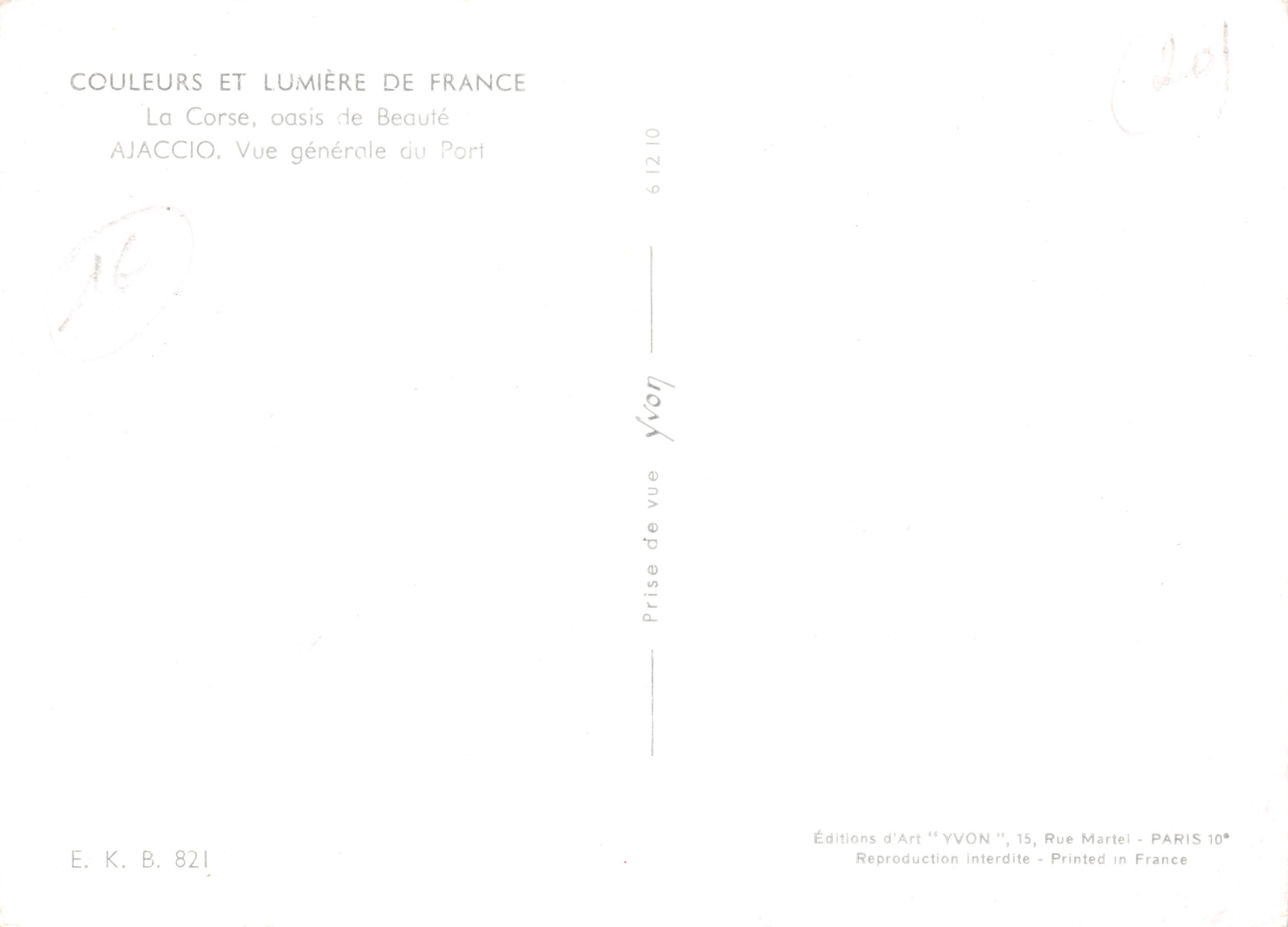 Ajaccio — Vista generale del porto — Éditions d'Art 'YVON', n° 61210 — Verso