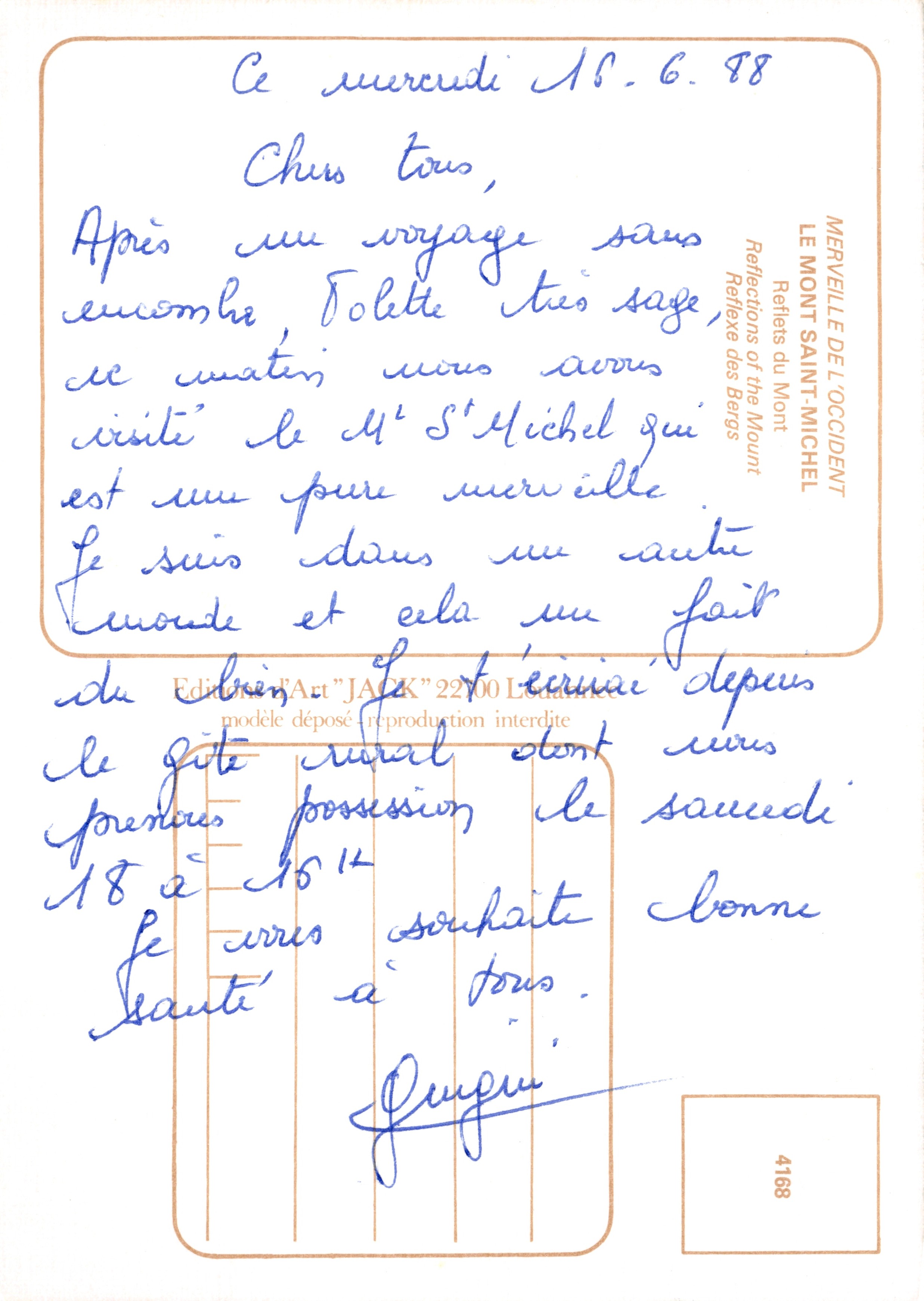 Monte Saint-Michel — vista con riflessione nell'acqua — editore Art'JACK, n. 4188 — Verso