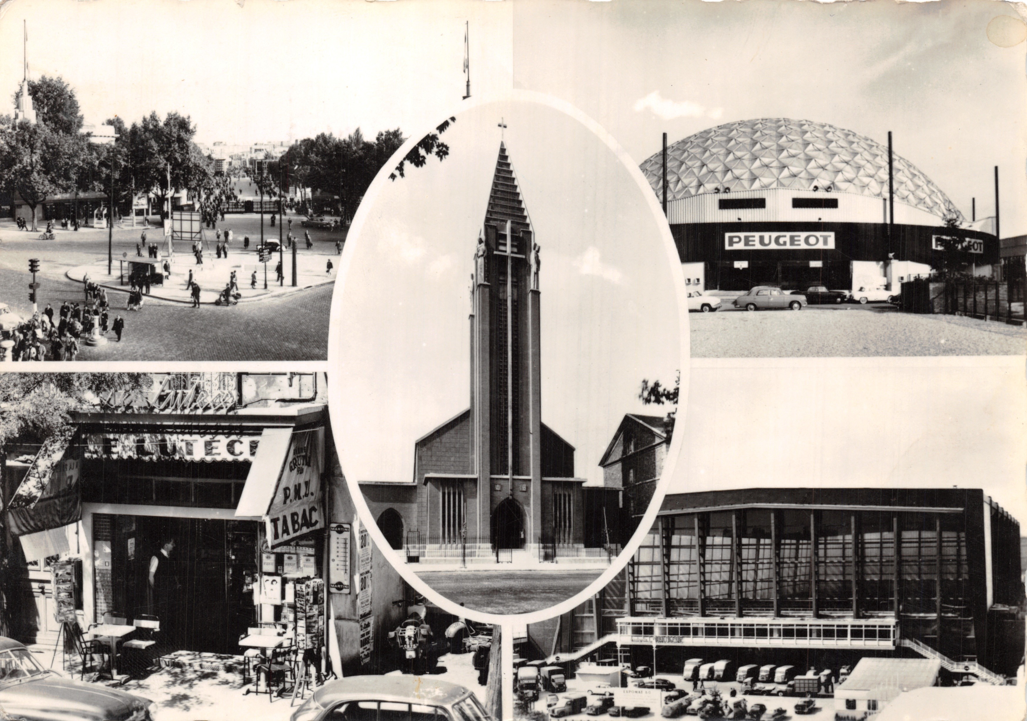 Paris (XVme) — Collage van iconische locaties : Kerk Saint-Antoine de Padoue, Palais des Sports Peugeot, Tabac « Le Lutèce » — Uitgever : S.E.R.P. - Volledige Reproductie
