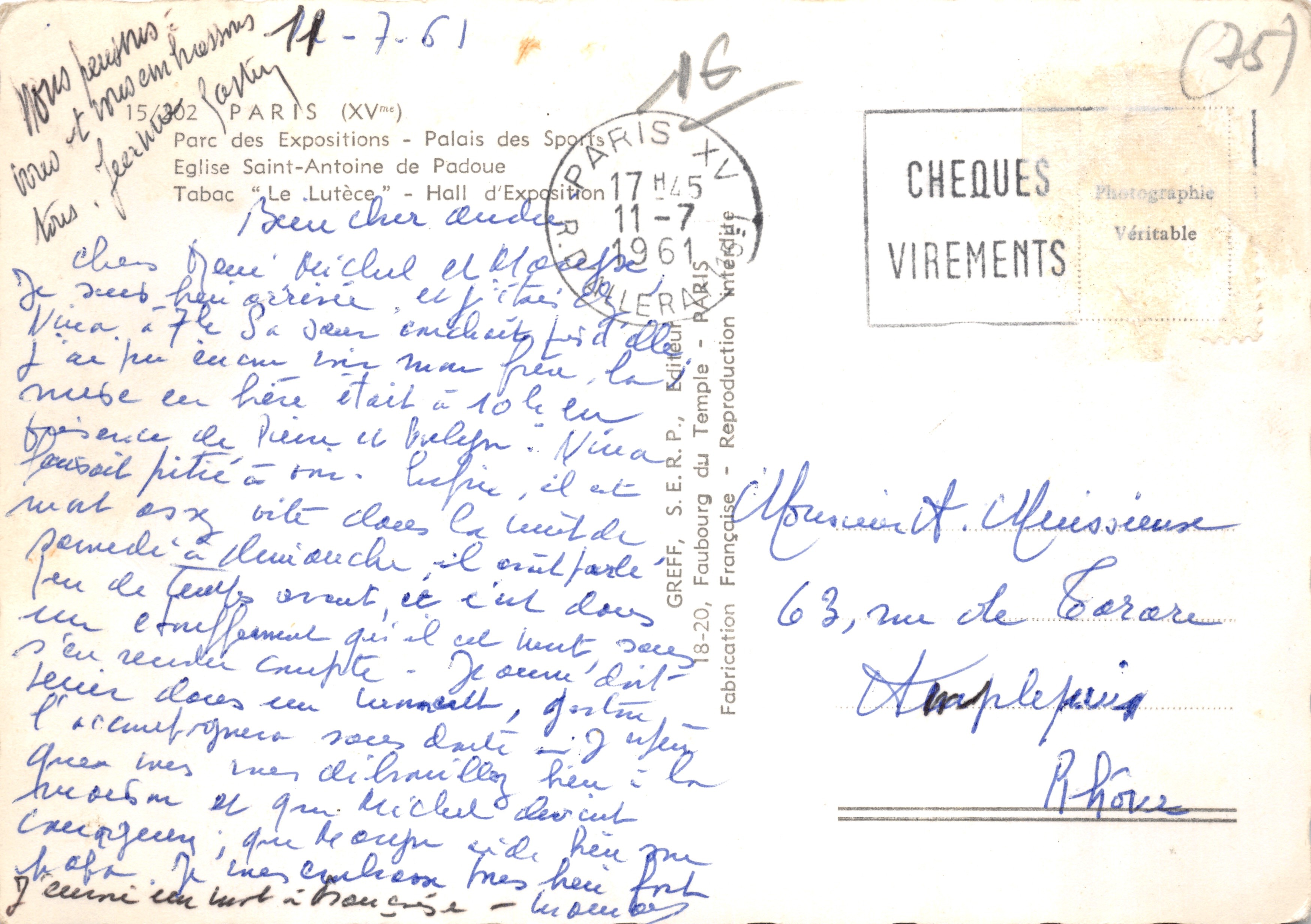 Paris (XVme) — Collage van iconische locaties : Kerk Saint-Antoine de Padoue, Palais des Sports Peugeot, Tabac « Le Lutèce » — Uitgever : S.E.R.P. - Volledige Reproductie — Achterkant