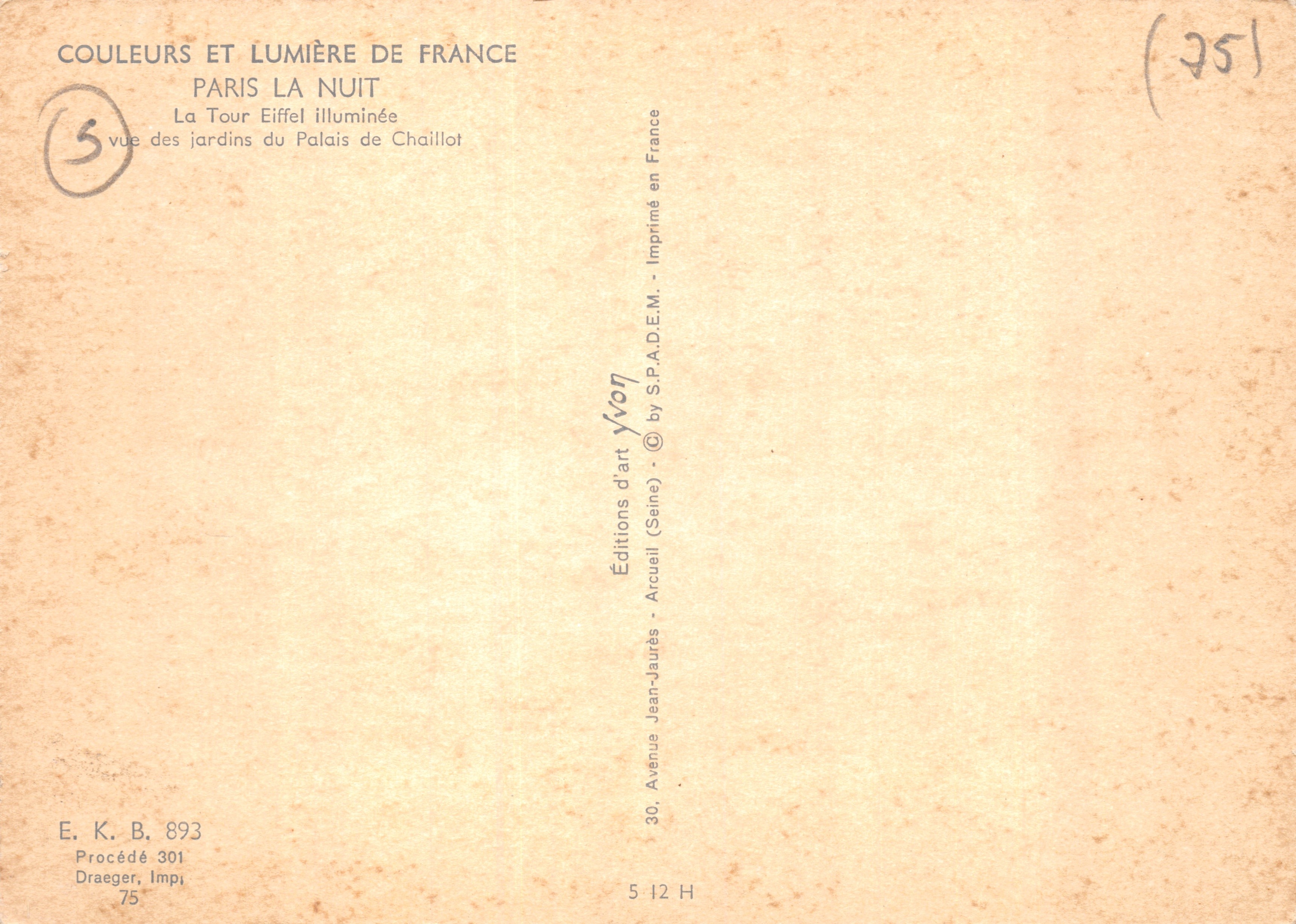 Parigi — Torre Eiffel illuminata, vista dai giardini del Palais de Chaillot — Éditions d'art Yvon — Verso