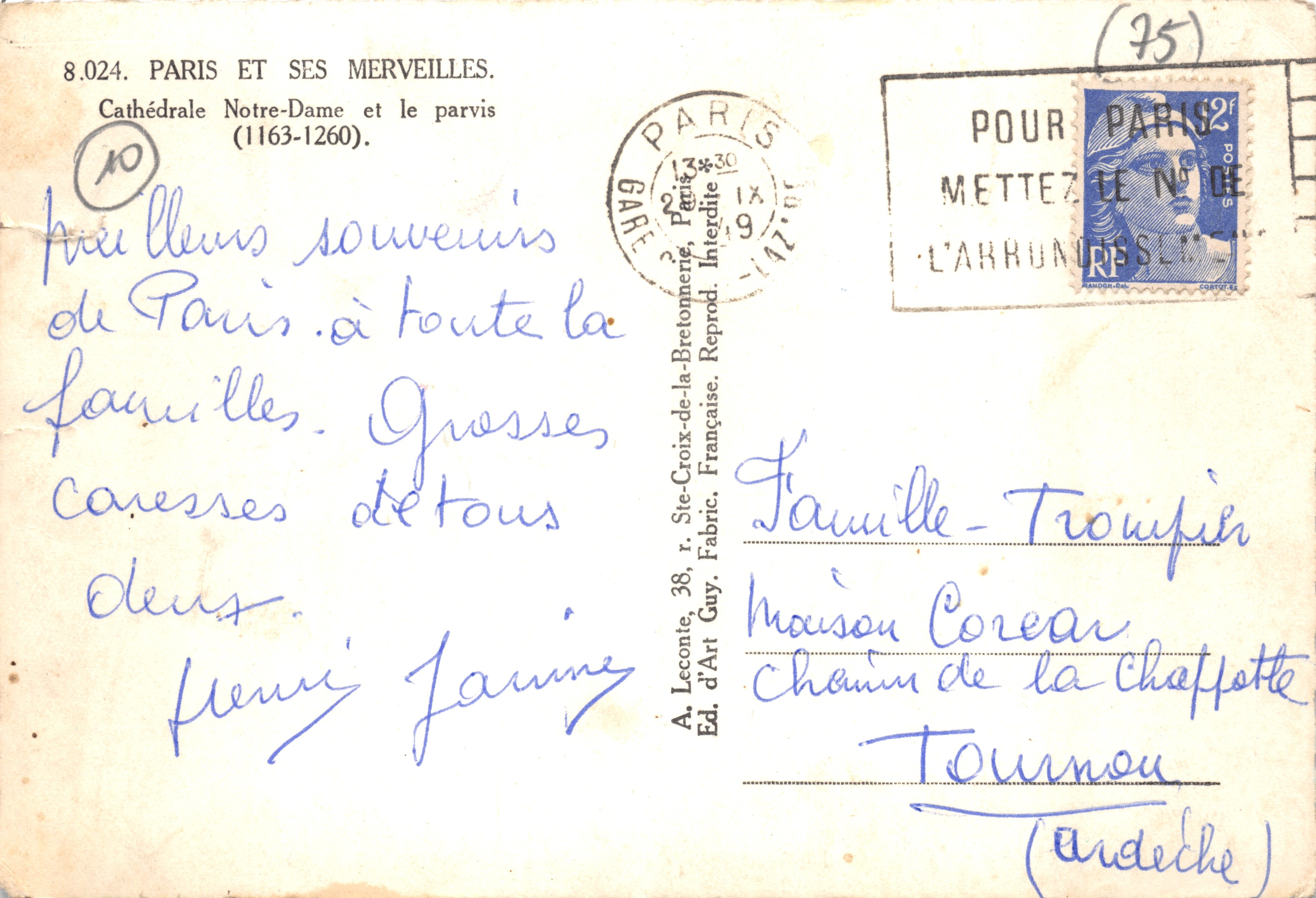 Notre-Dame de Paris — fachada y plaza — editor A. Leconte, n.º 8.024 — Reverso