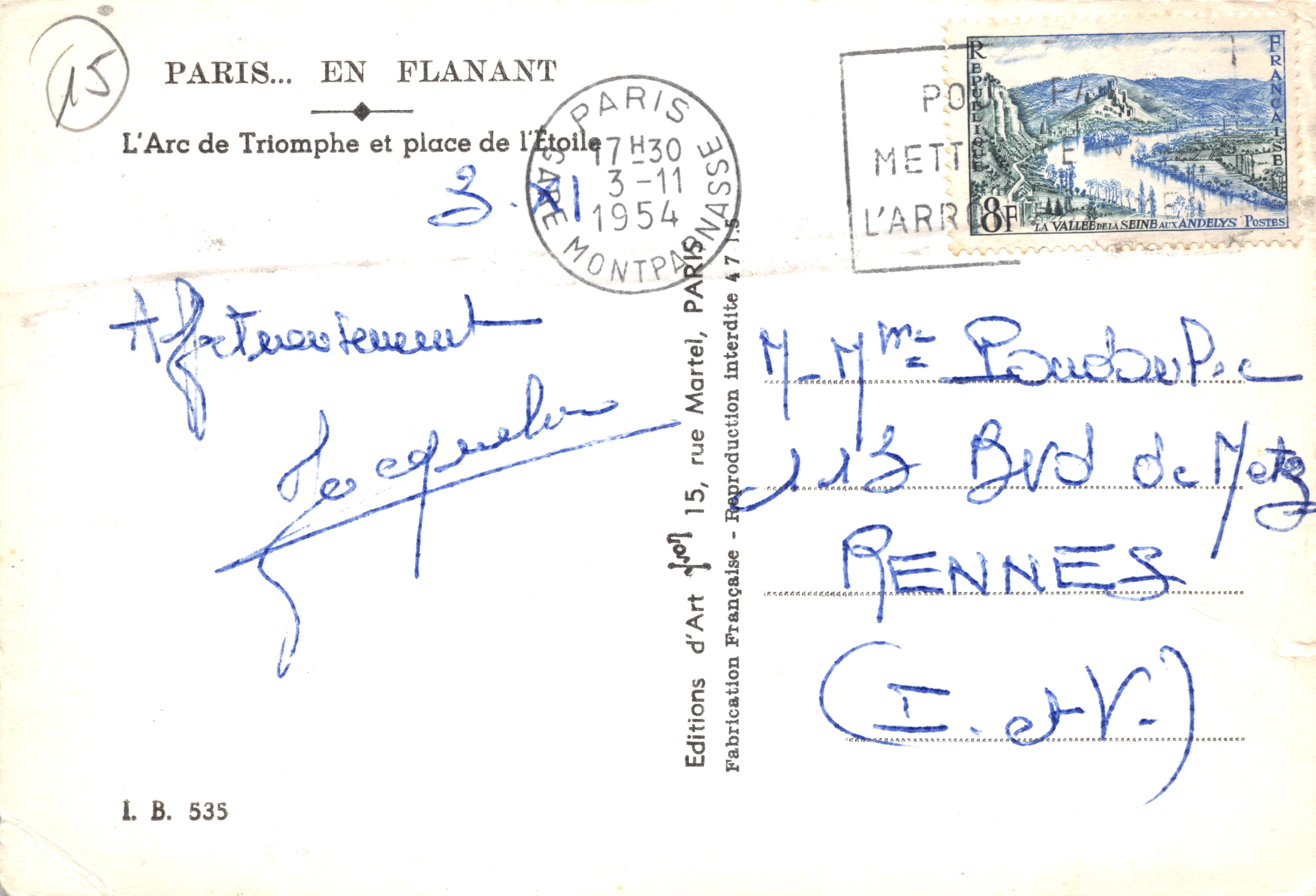 Paris — Arc de Triomphe and Place de l'Étoile — Éditions d'Art Française, n° L.B. 535 — Back