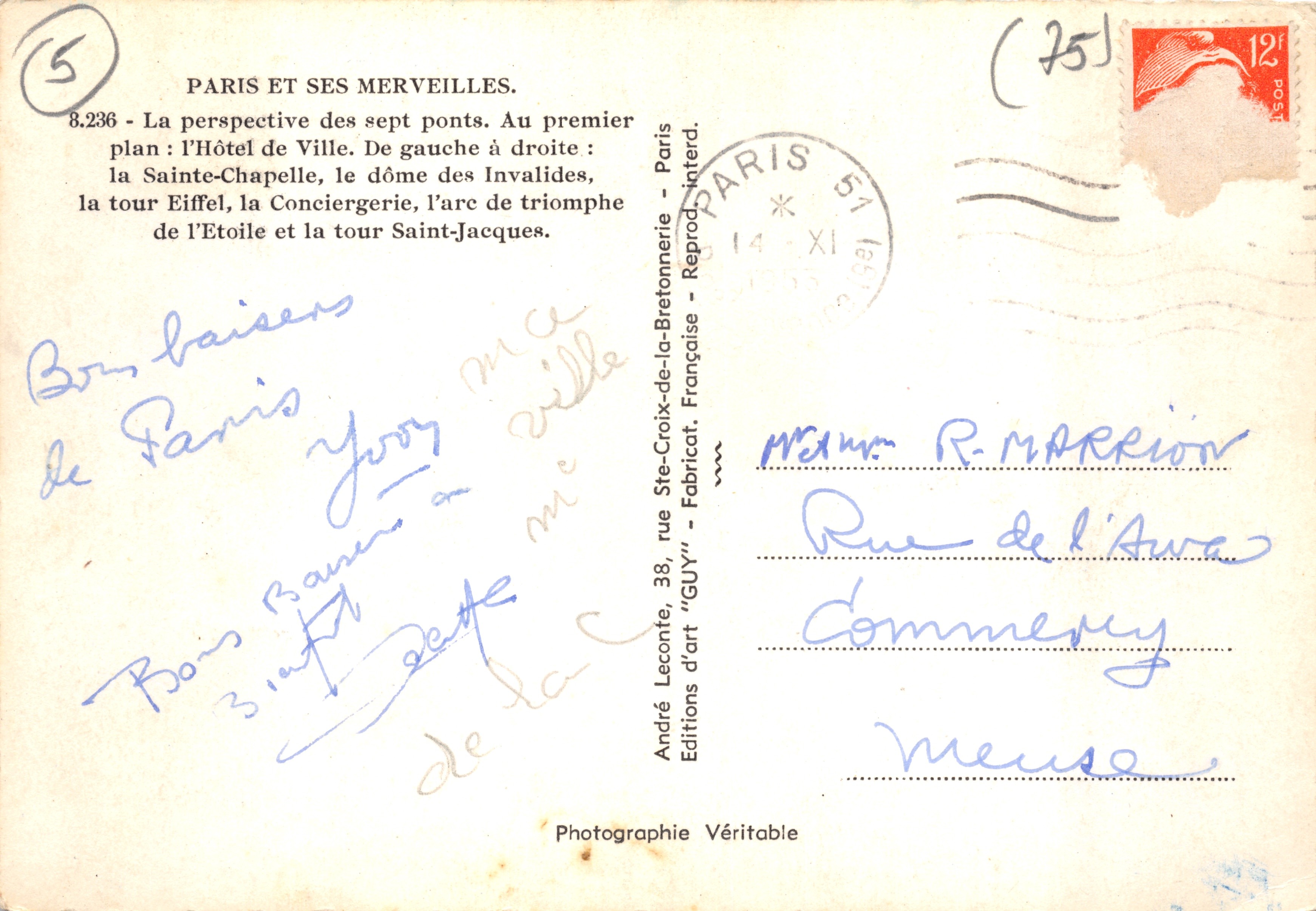 Parigi e le sue meraviglie — Vista dei sette ponti — Editore André Leconte, n°8.236 — Verso