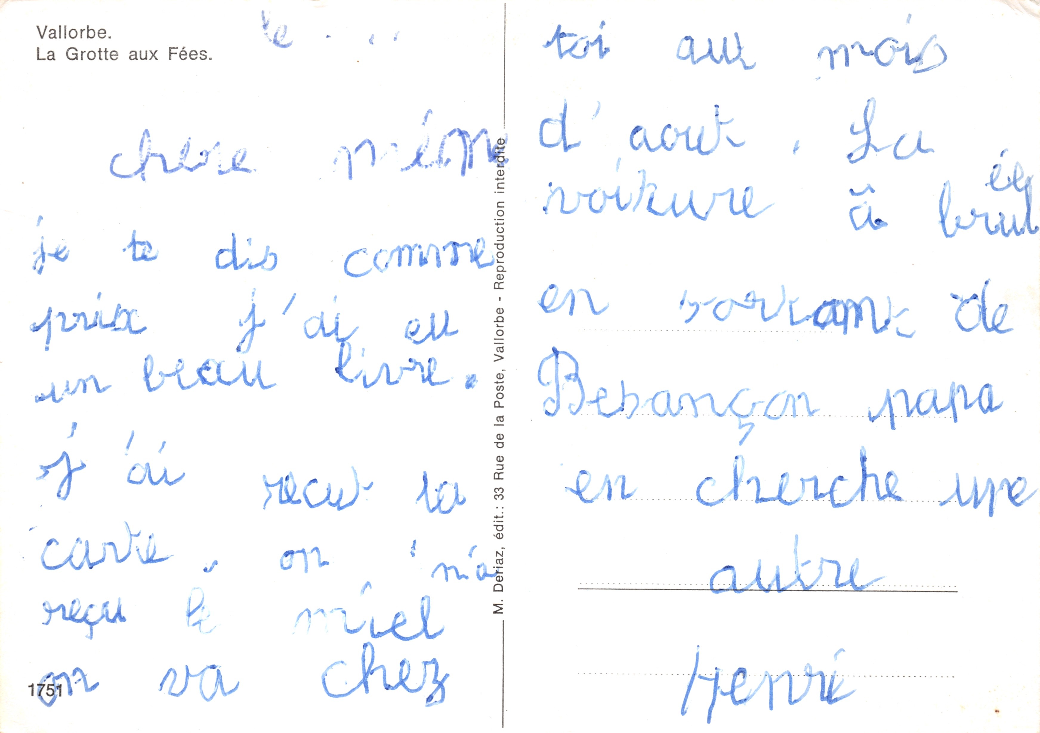 Vallorbe — La Grotte aux Fées — éditeur M. Défraz, n° 1751 — Back