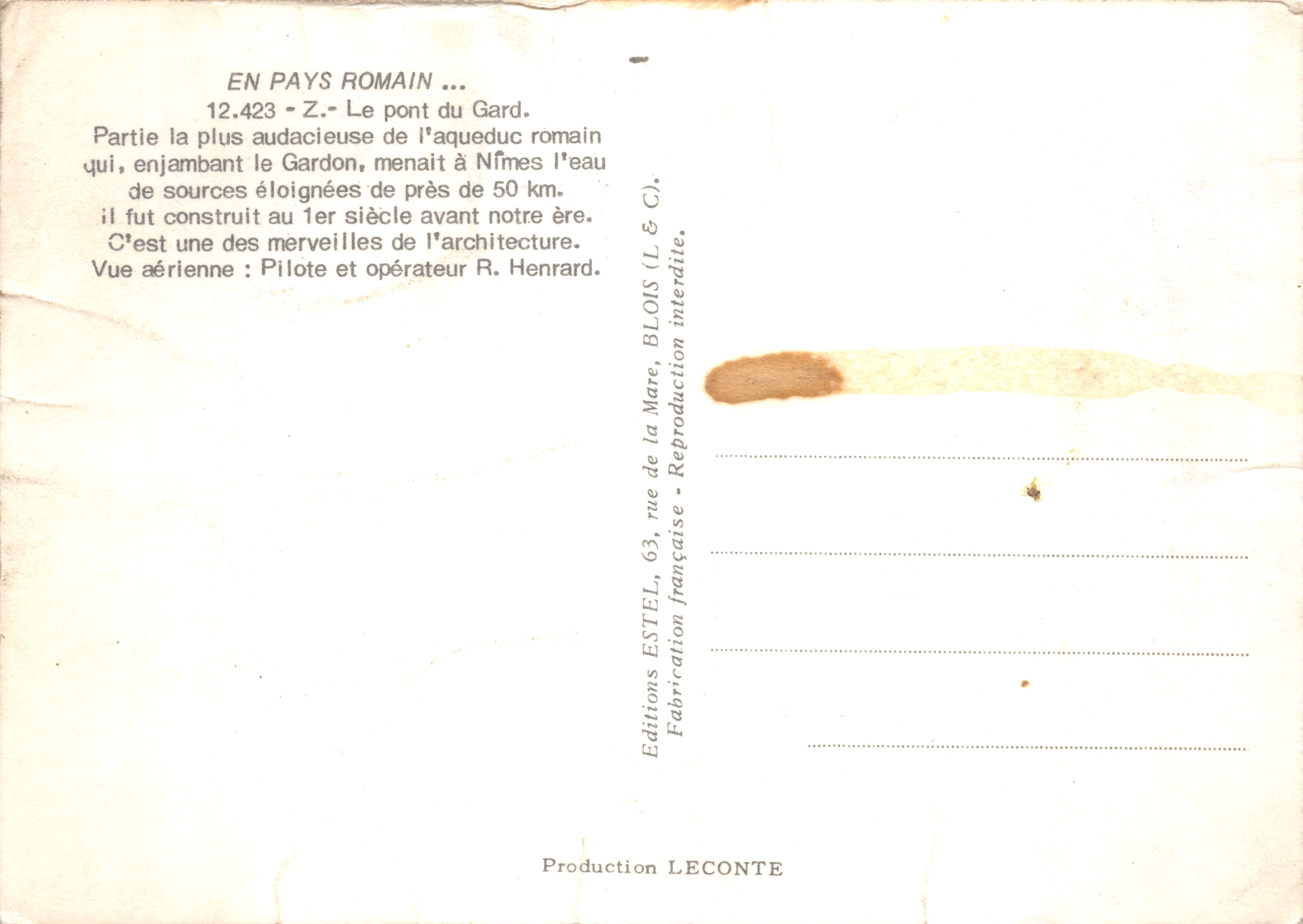 Pont du Gard — Romeinse aquaduct over het Gardon — uitgever Estel — Achterkant