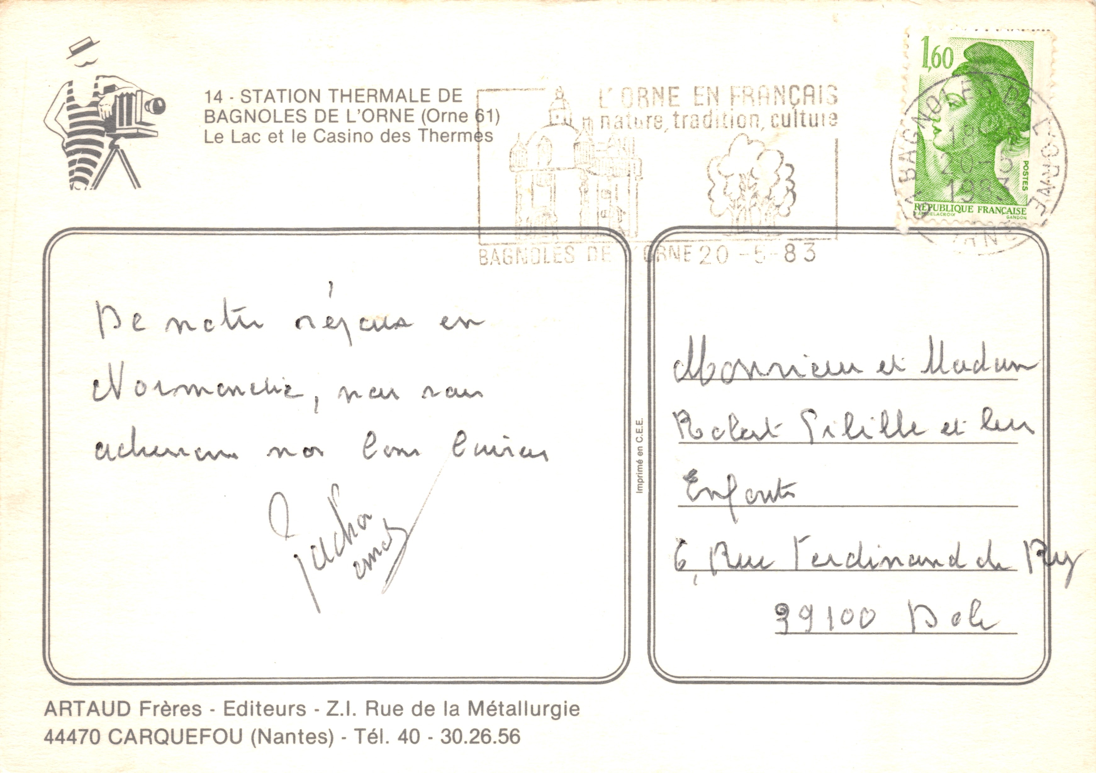 Bagnolles-de-l'Orne — Lac et Casino des Thermes — éditeur ARTAUD Frères — Verso