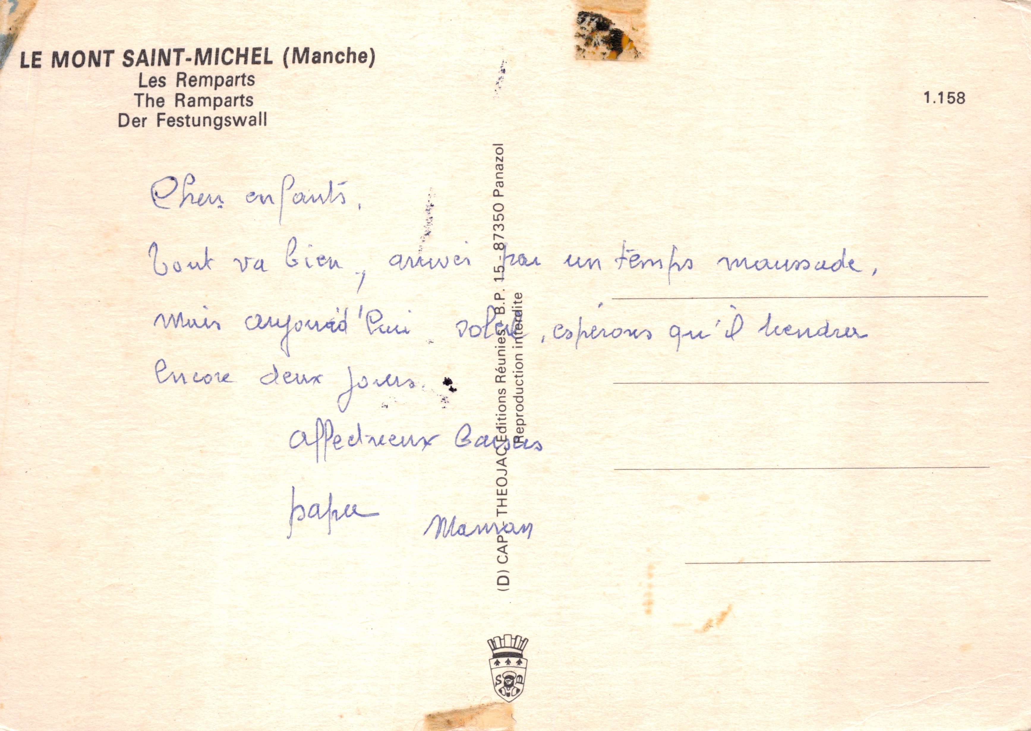 Mont Saint-Michel — vue des remparts et du mont — éditeur Panazol n°1.158 — Verso