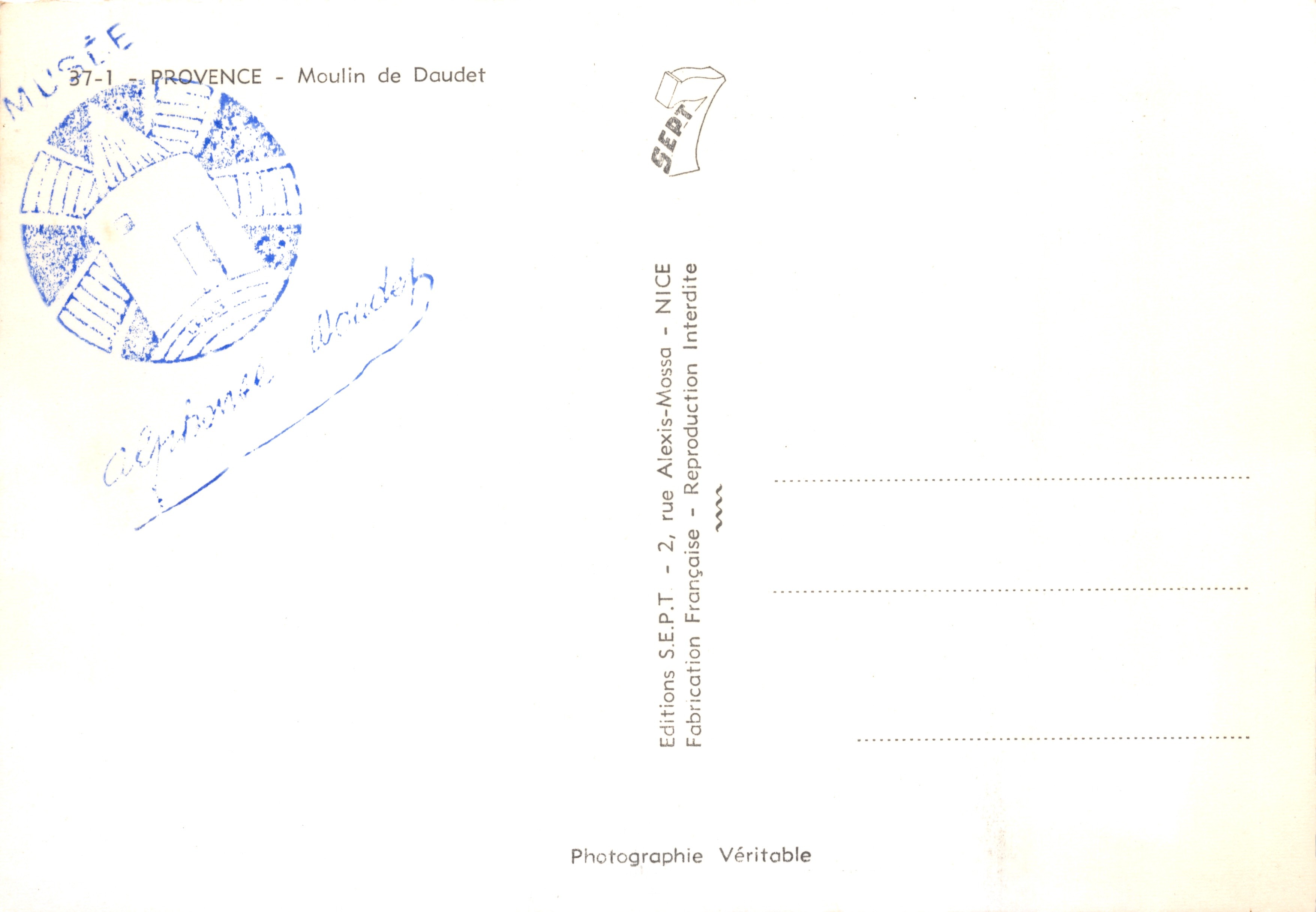 Molino di Daudet — Provenza — Editions S.E.P.T. - 2, via Alexis-Mossa - NICE — Verso