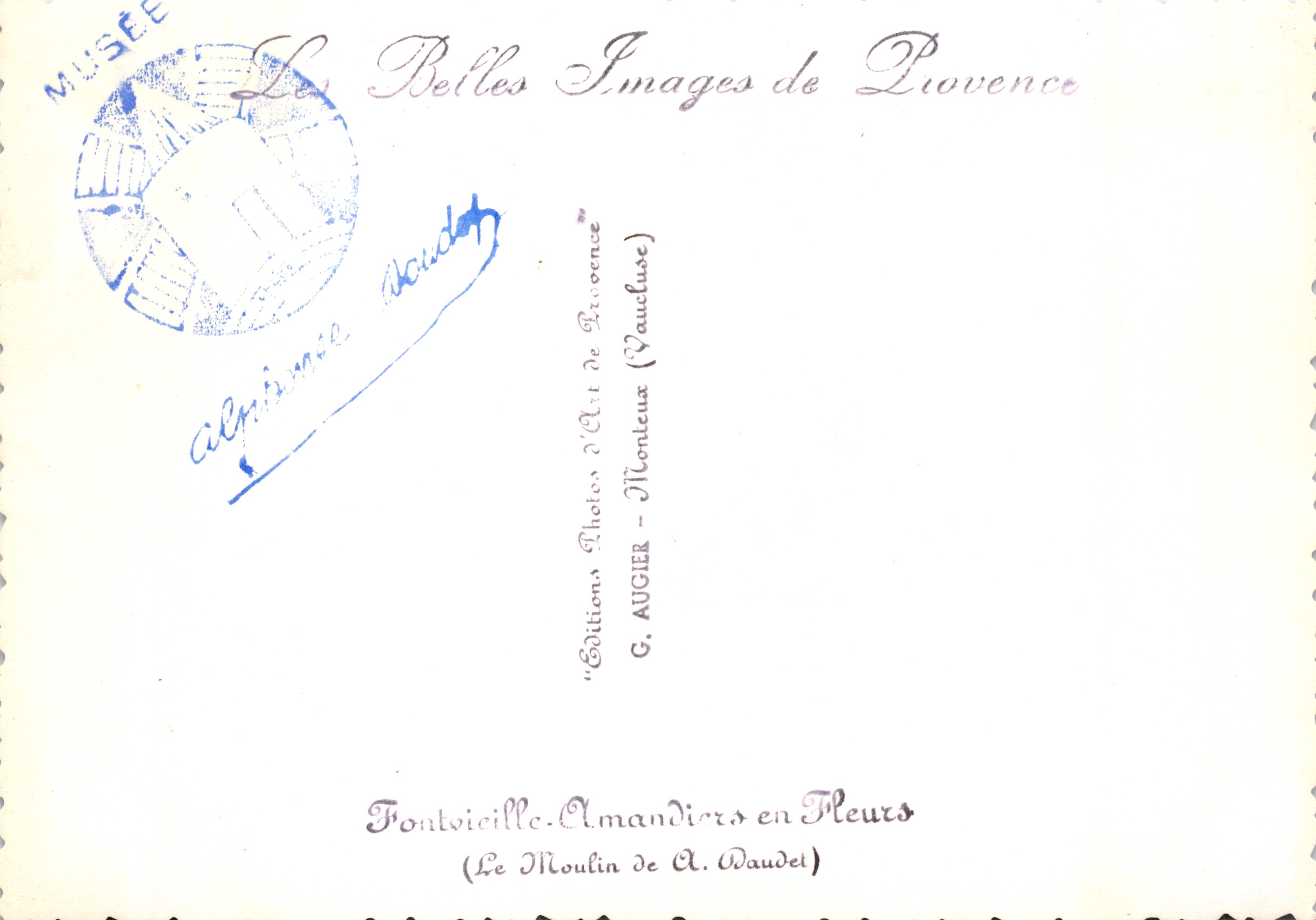 La Molina de Vaucluse — vista de la molina de viento en el centro de un huerto en flor — Editions G. AUGIER (Almendros en Flor) — Reverso