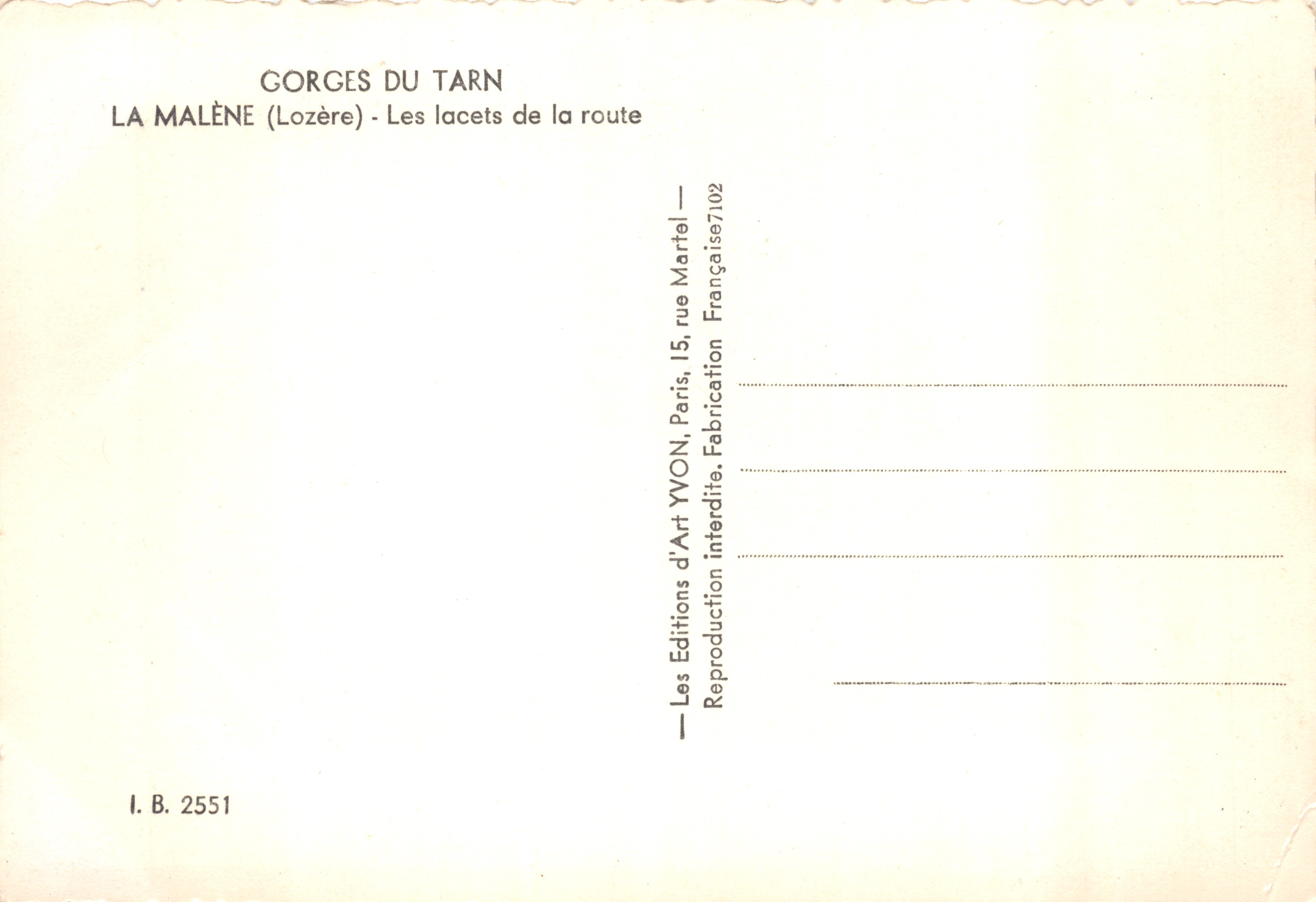 Garganta del Tarn — Los giros de la carretera — Editor: Art Yvon, París — Reverso
