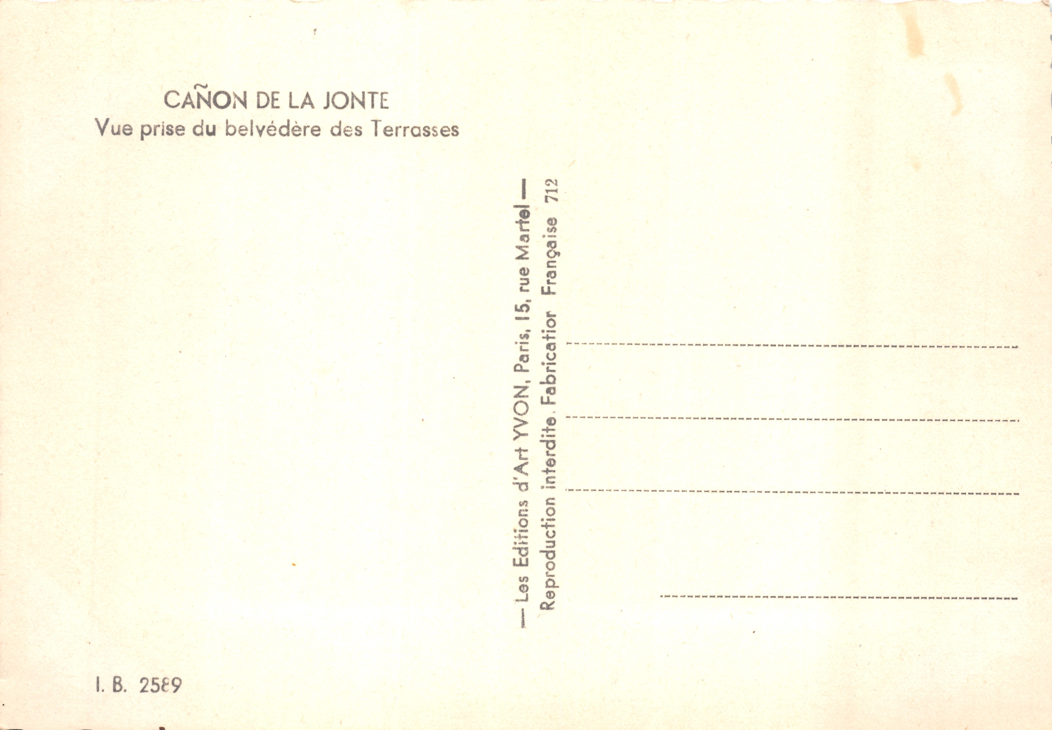 Canon de la Jonte — Vista tomada desde el mirador de las Terrasses — Éditions d'Art YVON, Paris — Reverso