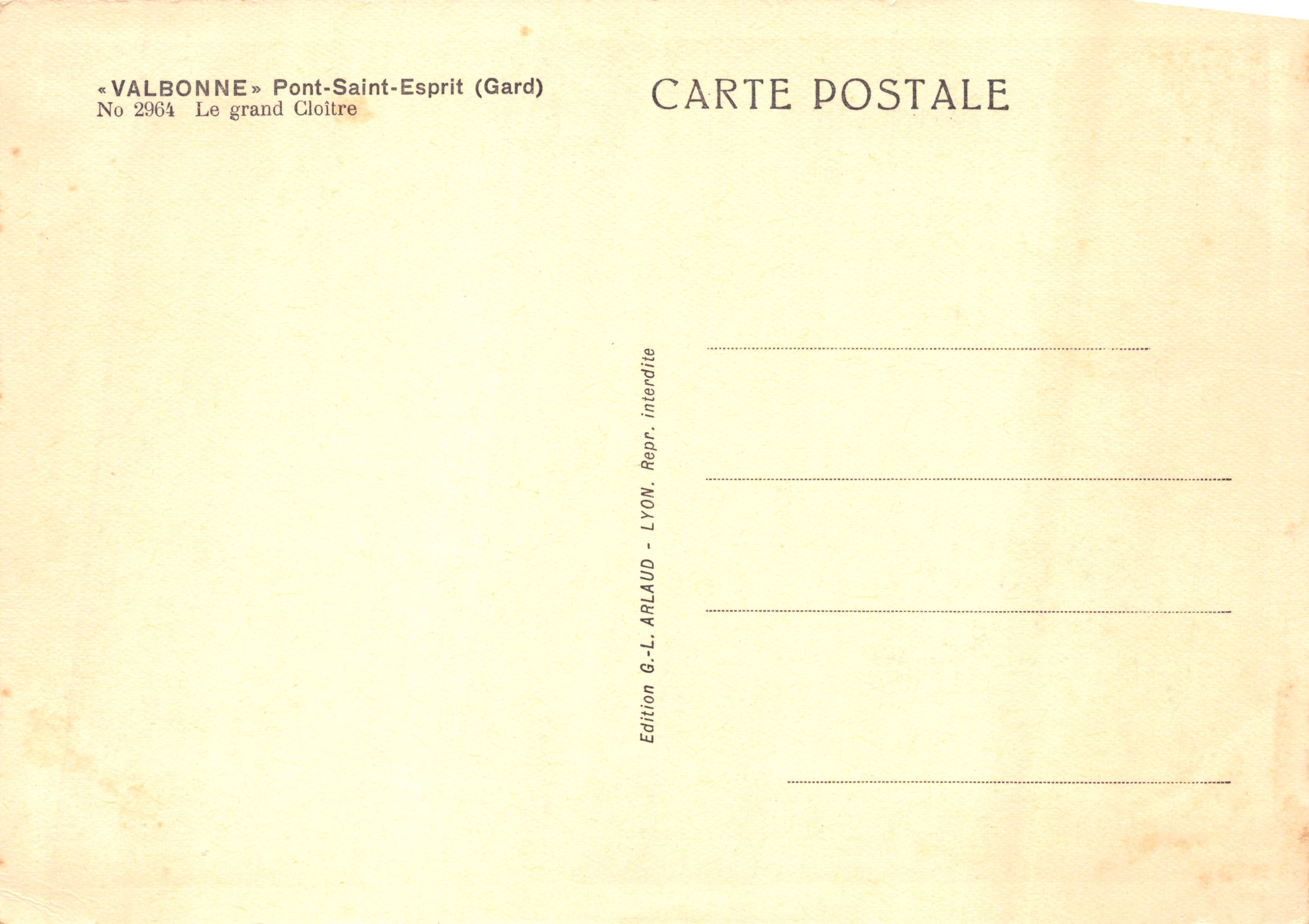 Valbonne — Il grande Cloître — Edizione di G.-L. Arlaud, Lyon — Verso