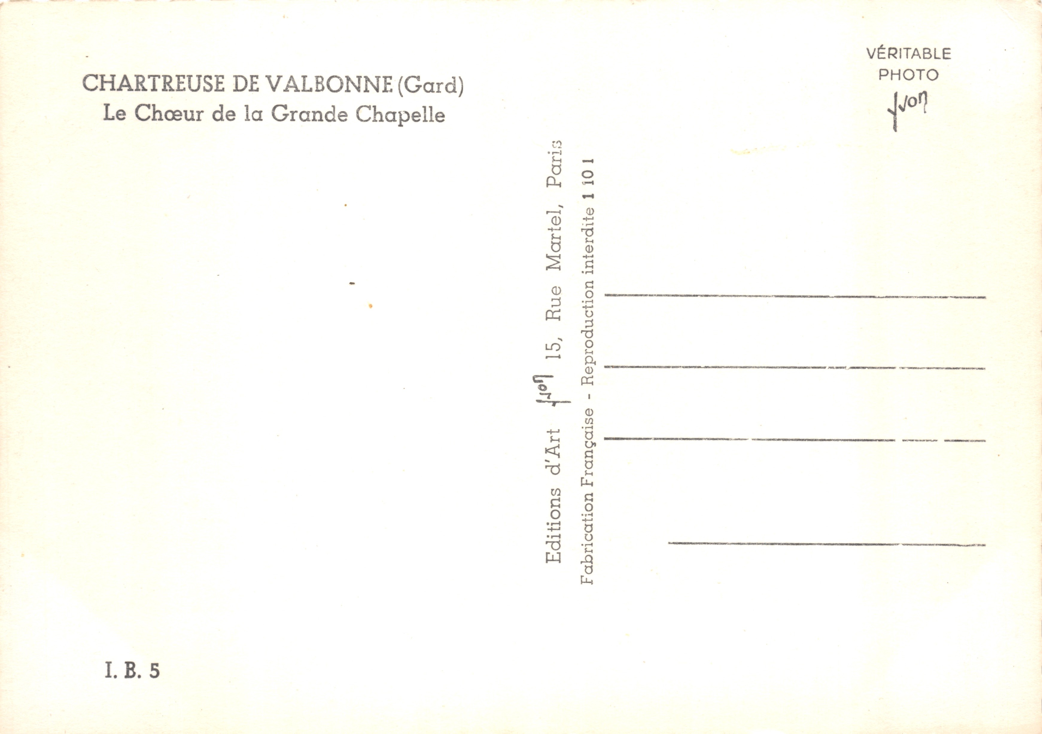 Chartreuse de Valbonne (Gard) — Il coro della Grande Chapelle — Éditions d'Art, Parigi — Verso
