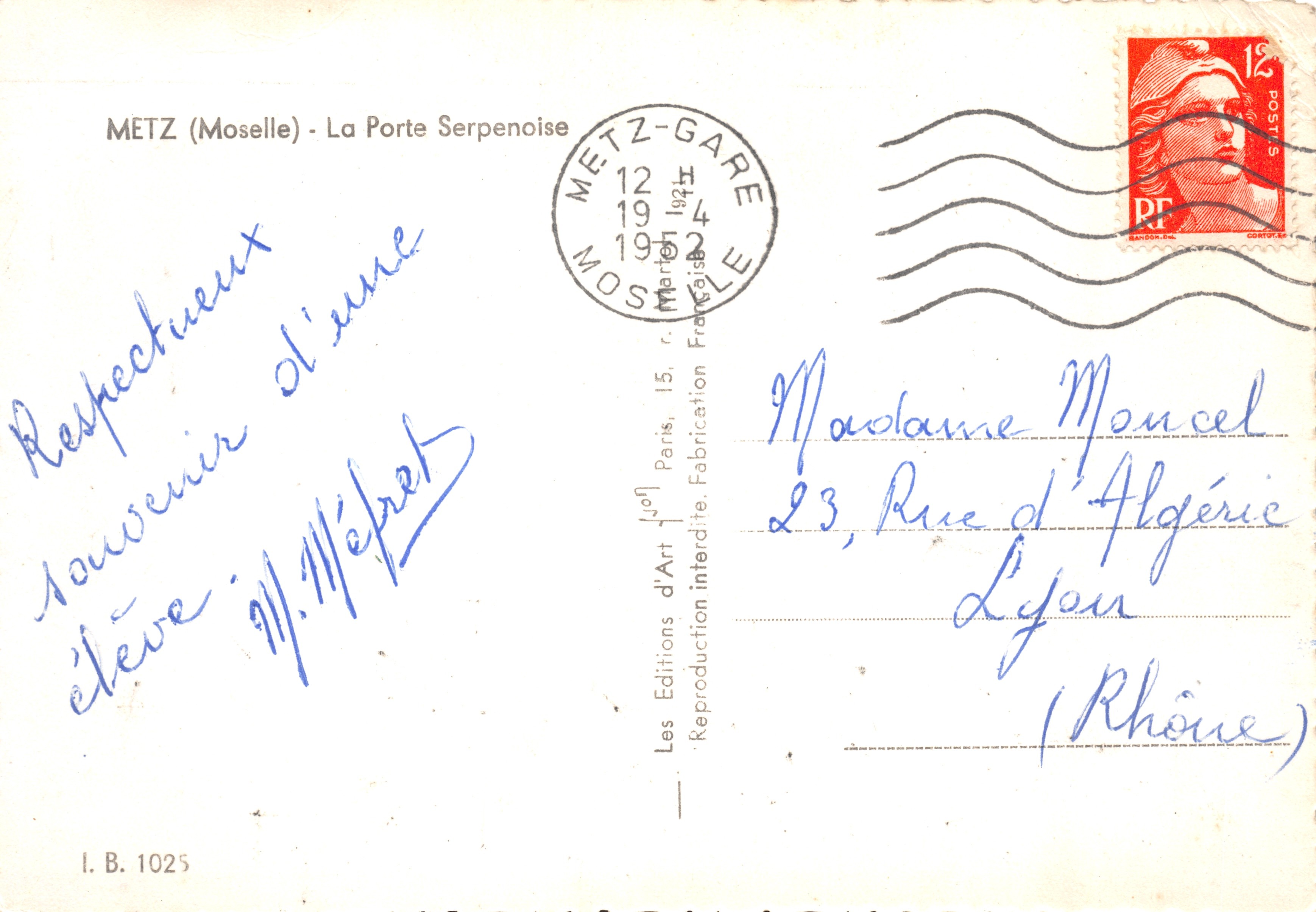 Porta Serpenoise — trasformazione 1898-1903, stato attuale 1909 — Les Editions d'Art, I.B. 1025 — Verso
