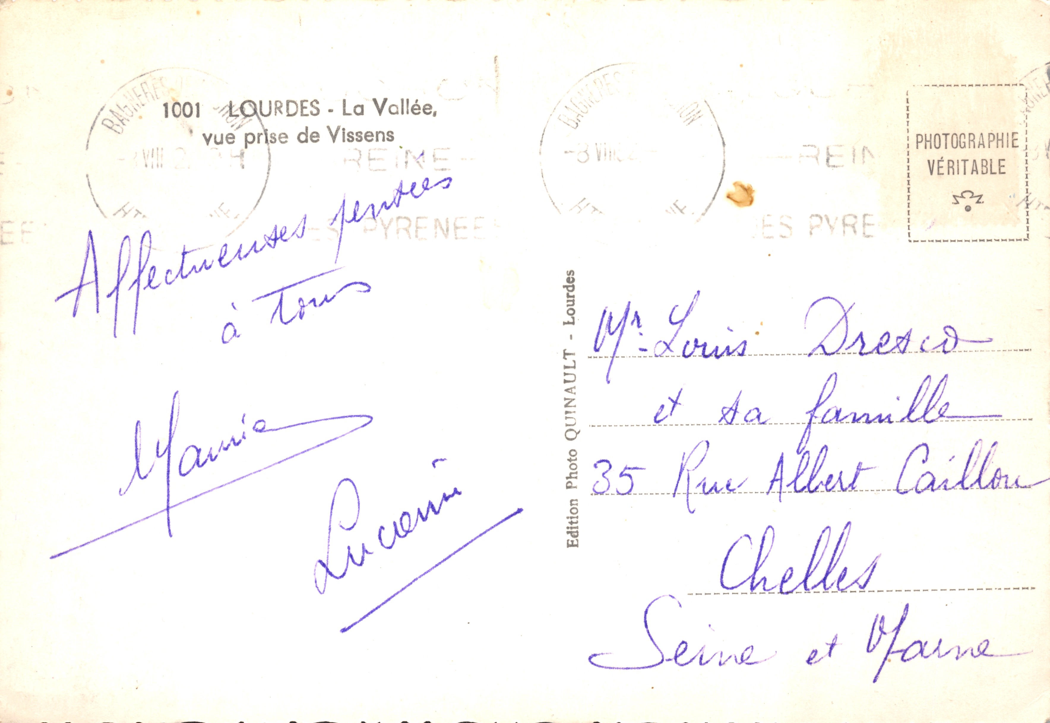 Lourdes - Die Schlucht, Aufnahme von Vissens — Fotoausgabe Quinault, Nr. 1001 — Rückseite