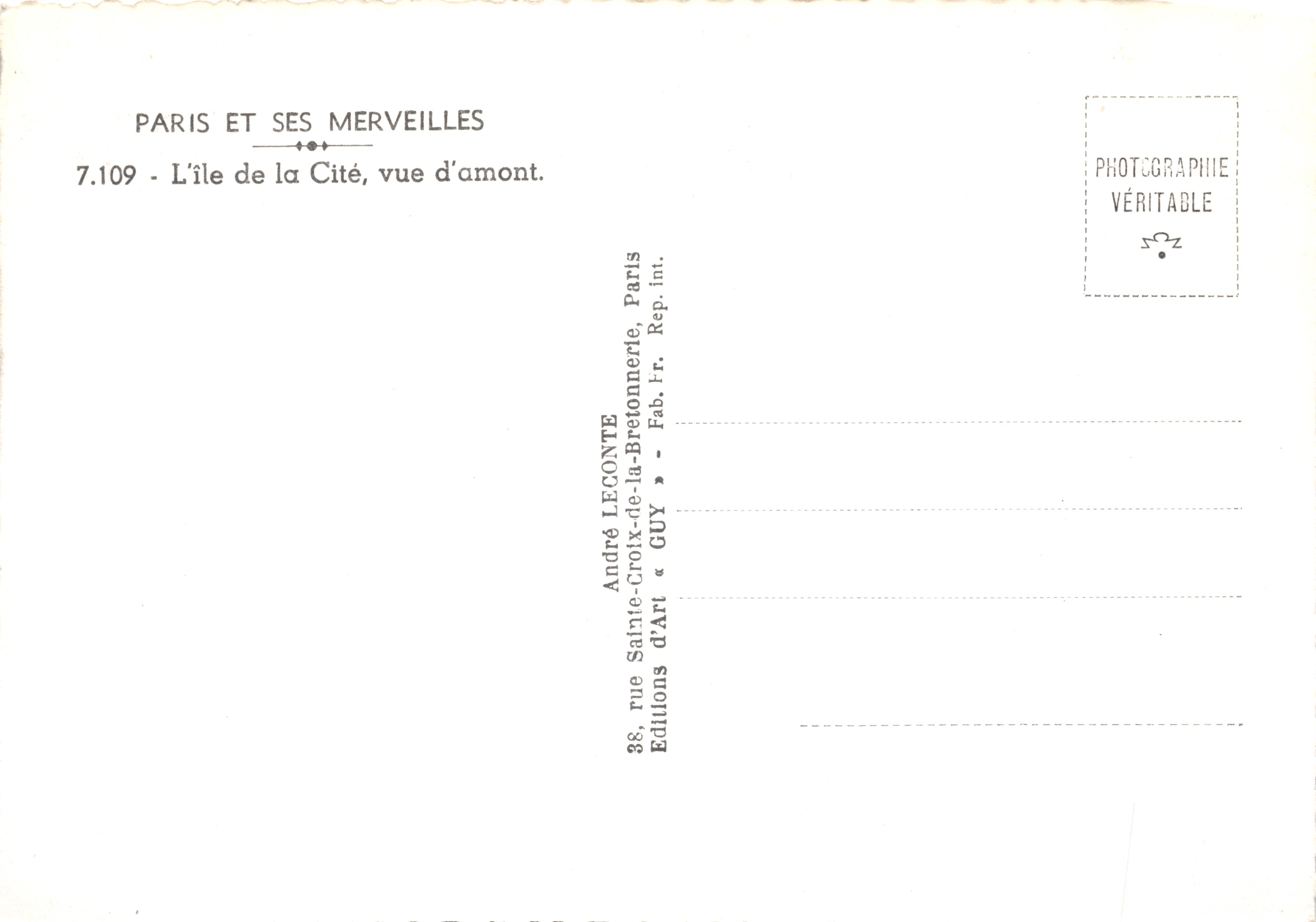 Notre-Dame de Paris — vue d'amont depuis l'île de la Cité — éditeur André Legonte, n° 7.109 — Achterkant