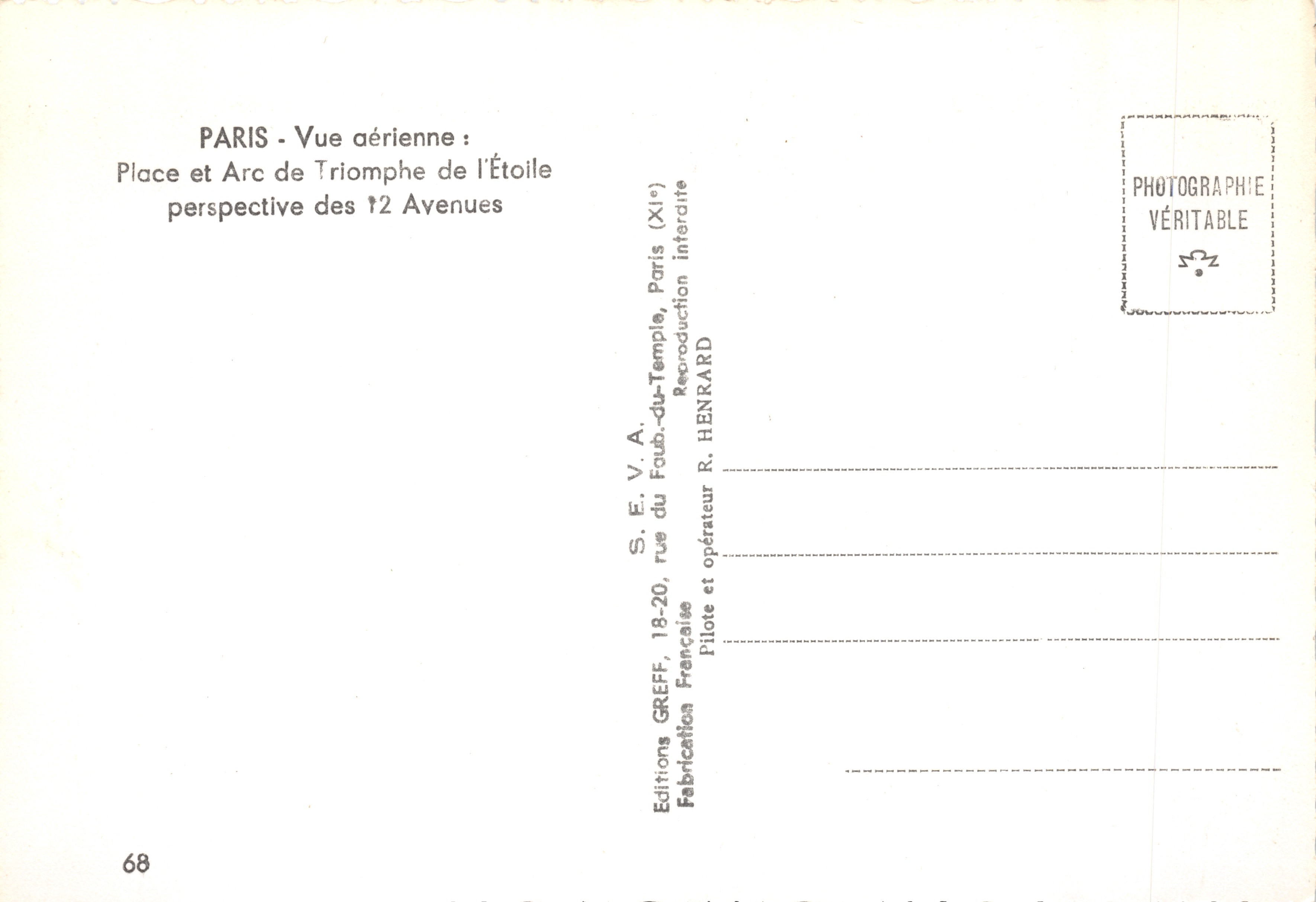 Paris — Vue aérienne de l'Arc de Triomphe et des 12 avenues — Éditions GREFF — Verso