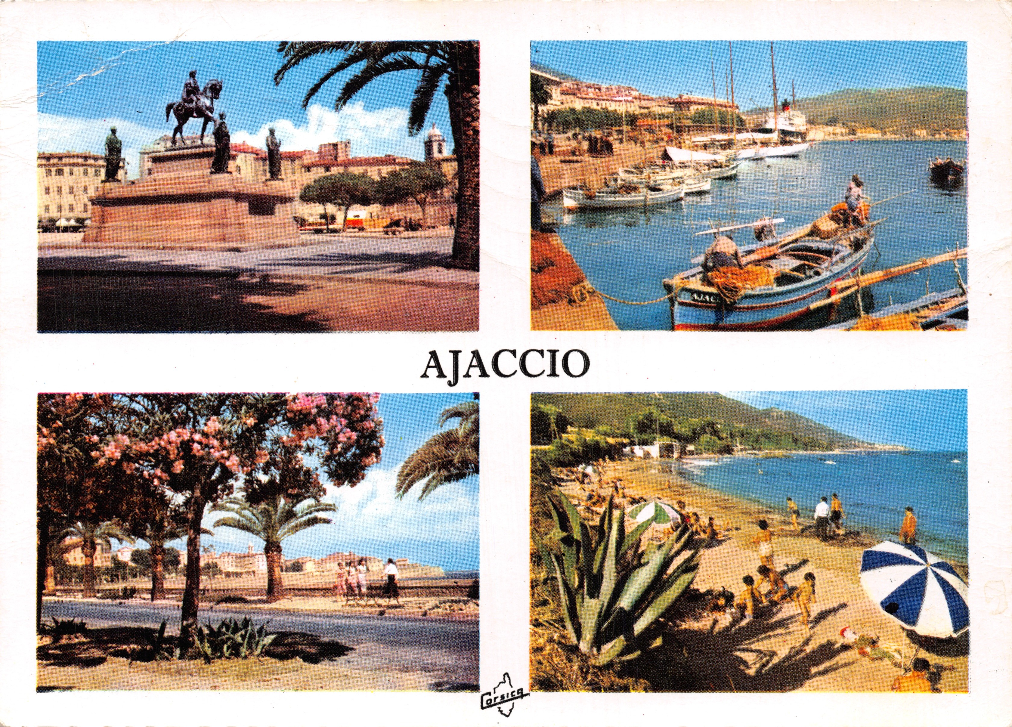 Ajaccio — vista de la plaza del monumento ecuestre, del puerto, de un parque florecido y de una playa — editor FORSICA