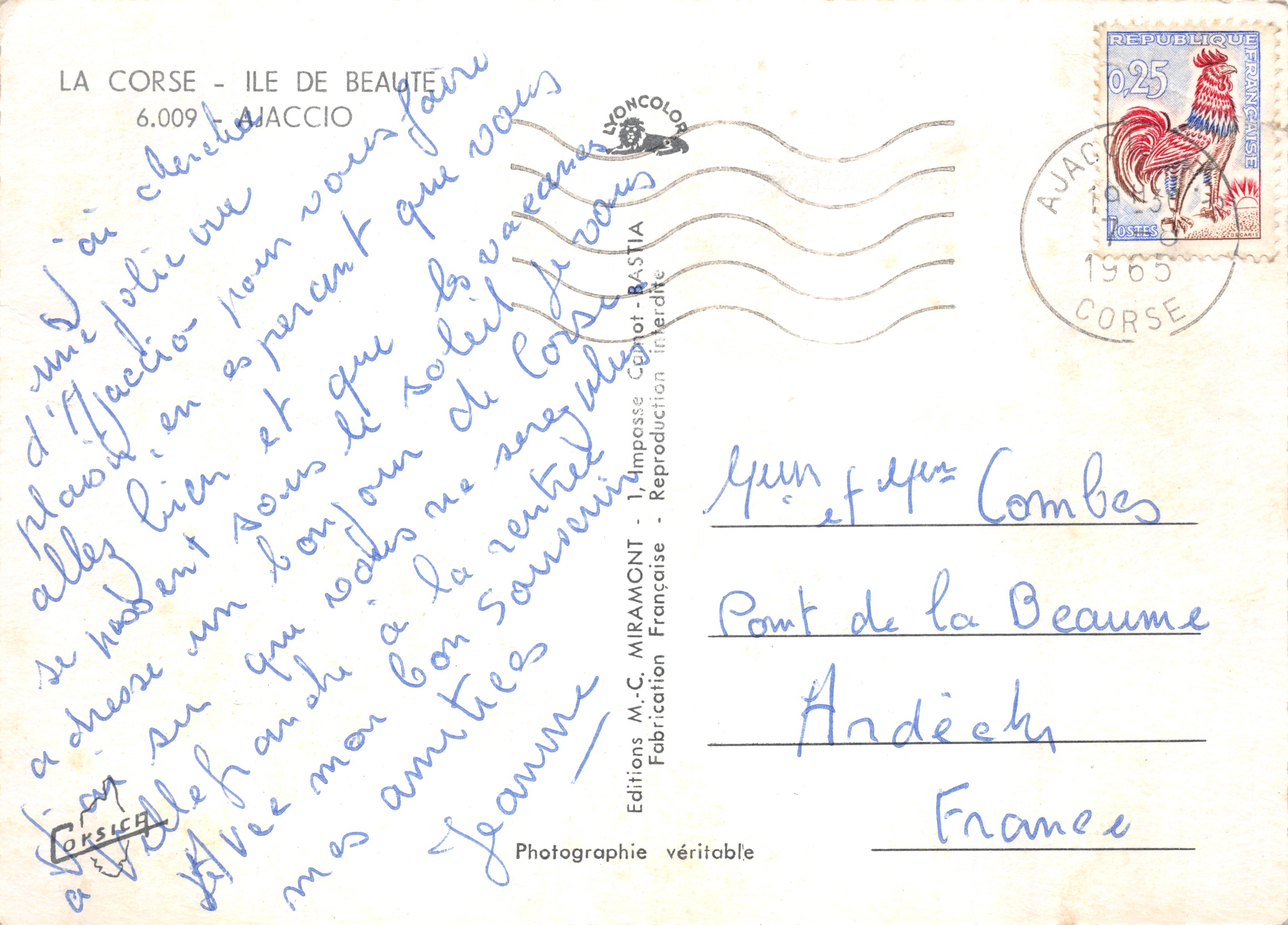 Ajaccio — vista de la plaza del monumento ecuestre, del puerto, de un parque florecido y de una playa — editor FORSICA — Reverso